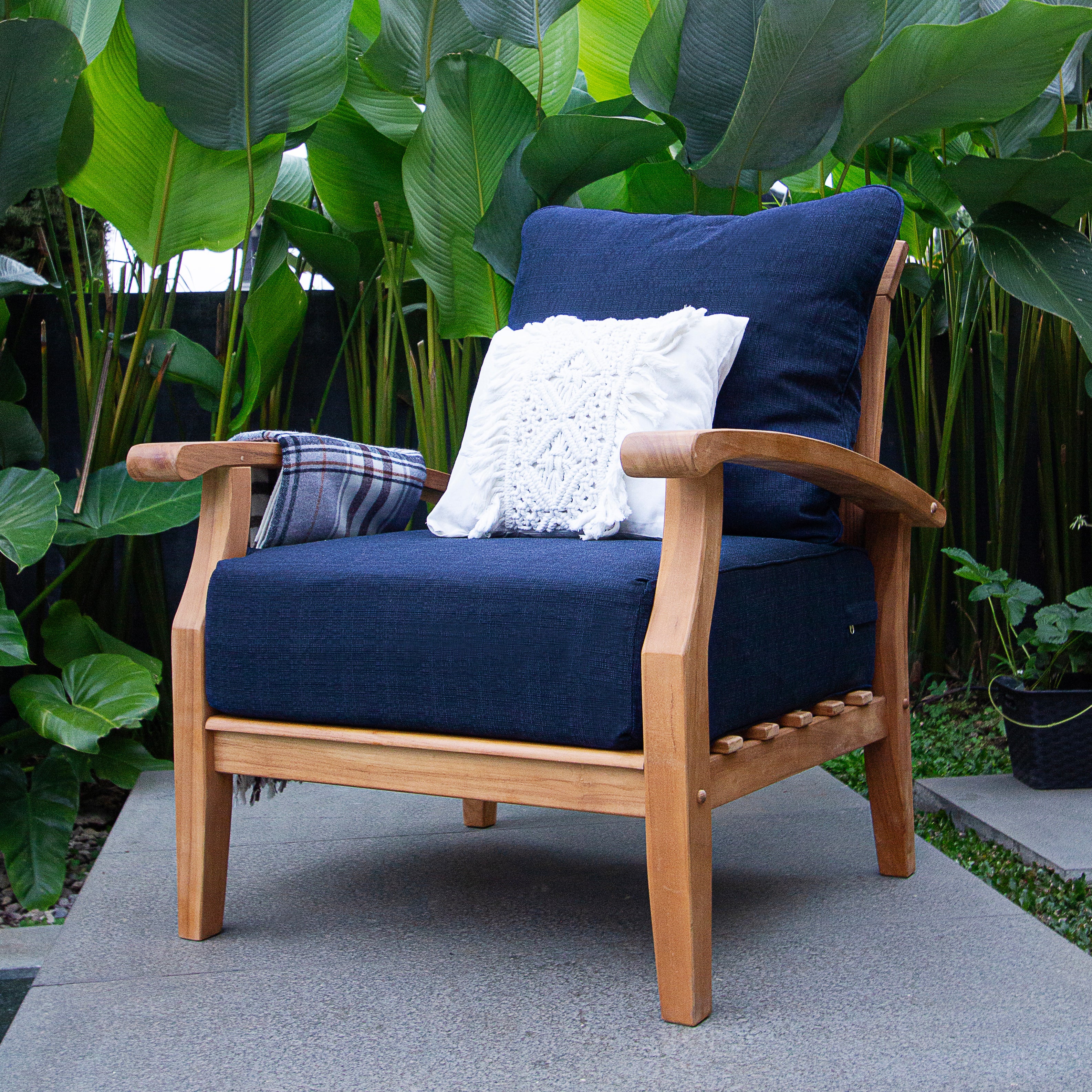 Caterina Teak Wood Outdoor Lounge Chair with Ottoman Navy Cushion - Image 3