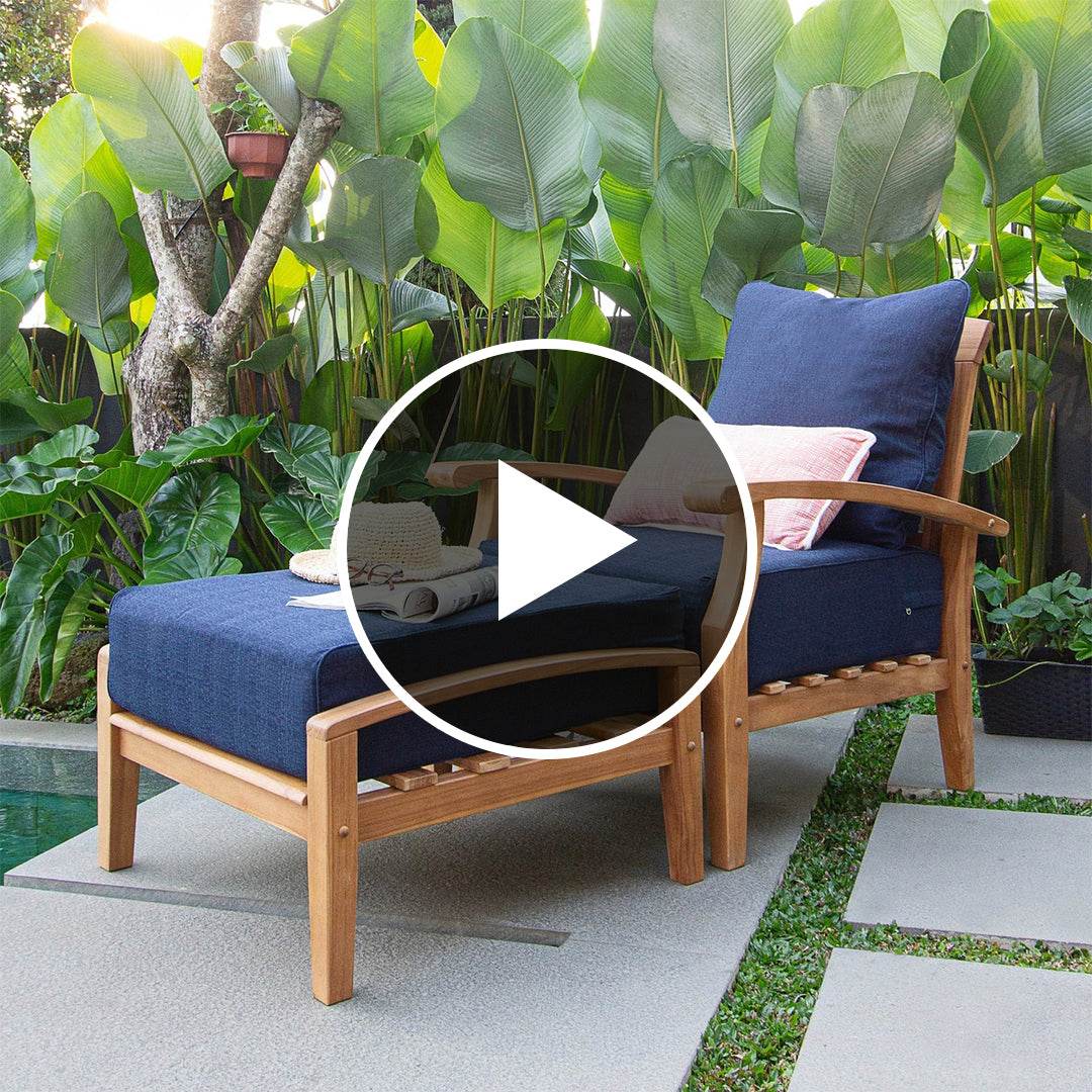 Caterina Teak Wood Outdoor Lounge Chair with Ottoman Navy Cushion - Image 5