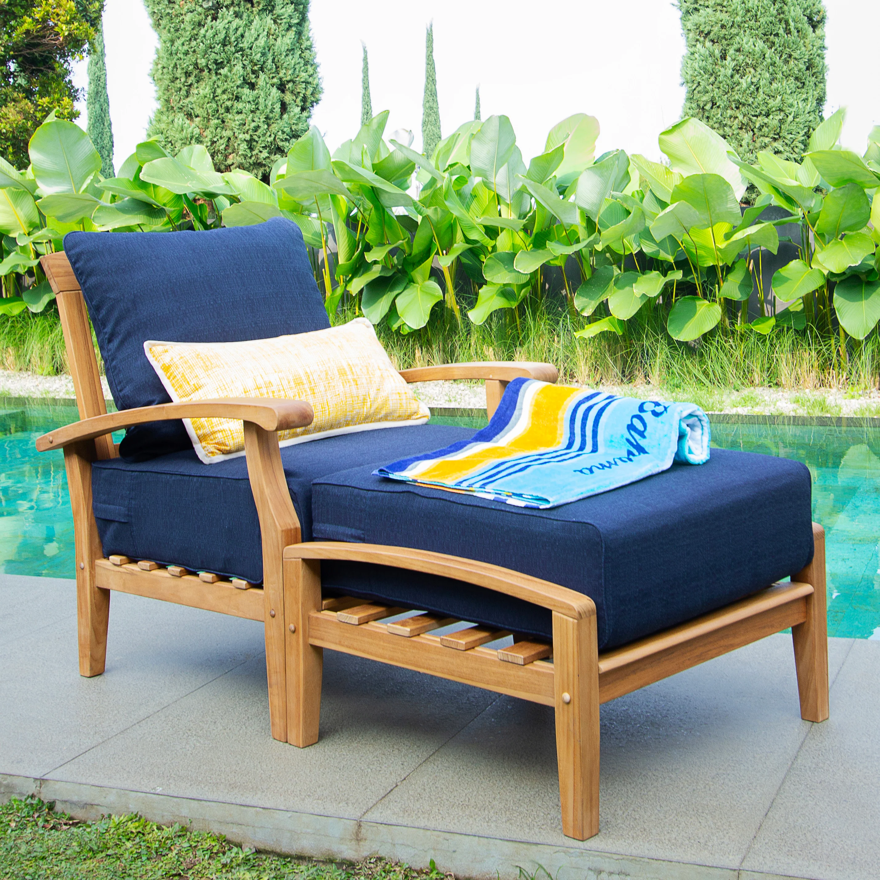 Caterina Teak Wood Outdoor Lounge Chair with Ottoman Navy Cushion - Image 7