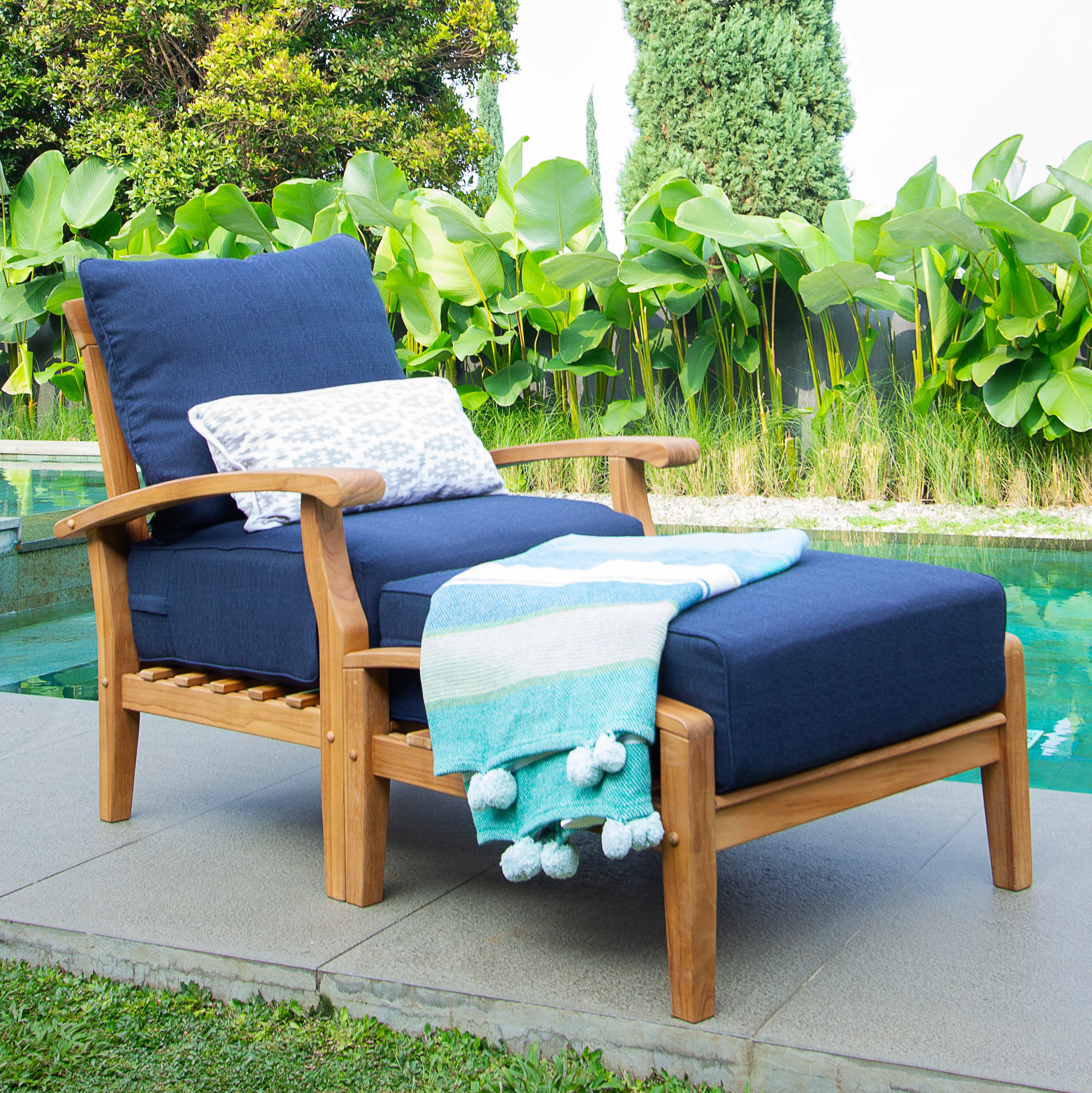 Caterina Teak Wood Outdoor Lounge Chair with Ottoman Navy Cushion - Image 8