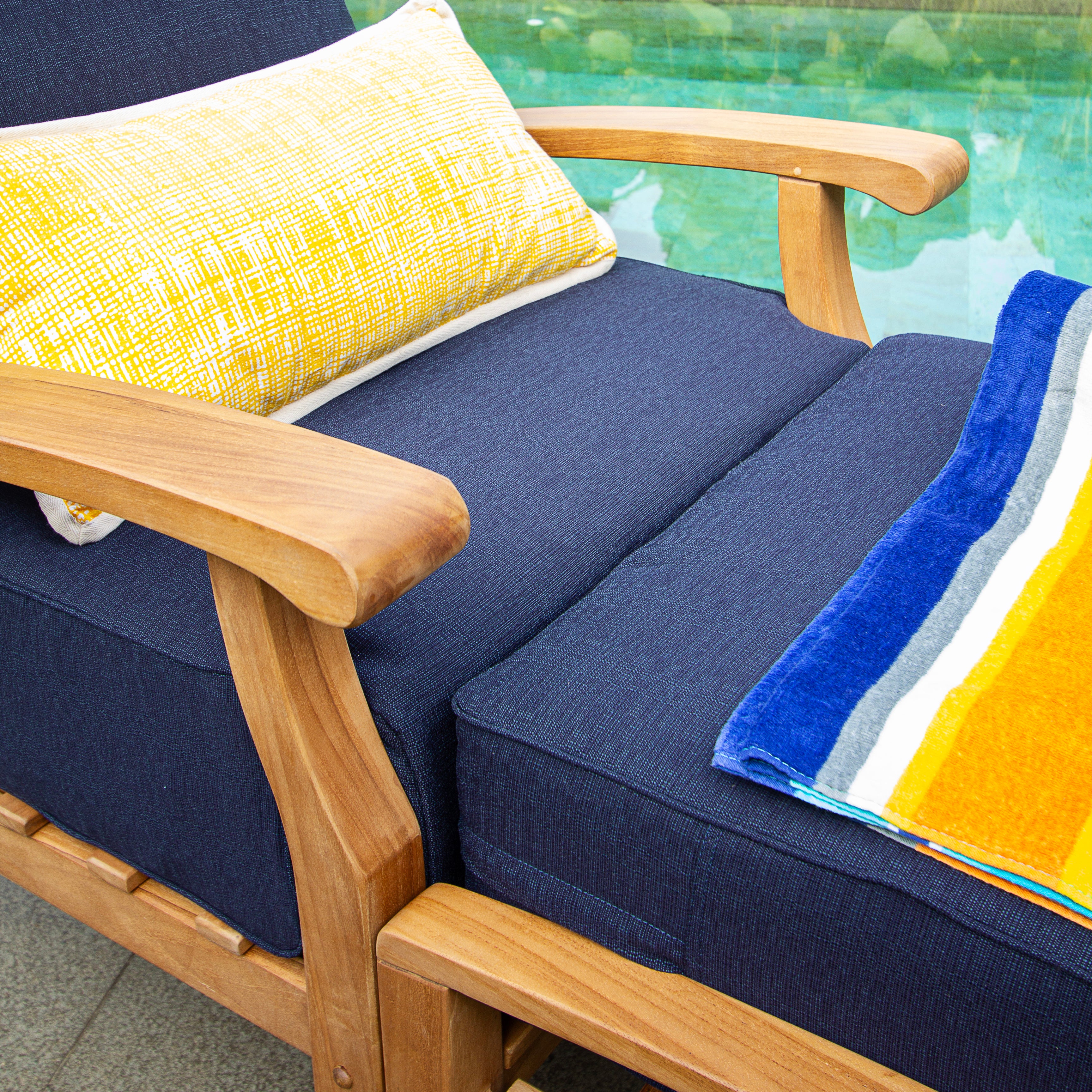 Caterina Teak Wood Outdoor Lounge Chair with Ottoman Navy Cushion - Image 9