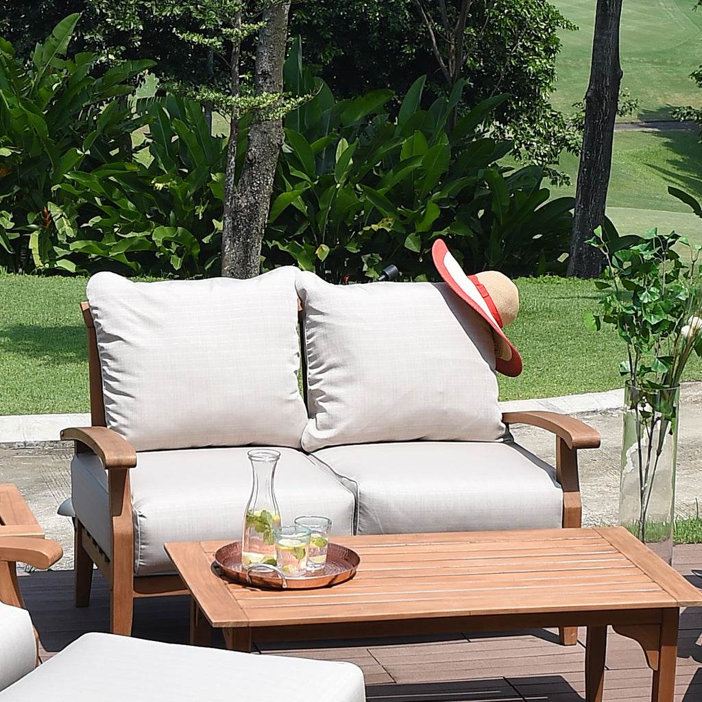 Caterina Teak Wood Outdoor Loveseat with Beige Cushion - Image 3