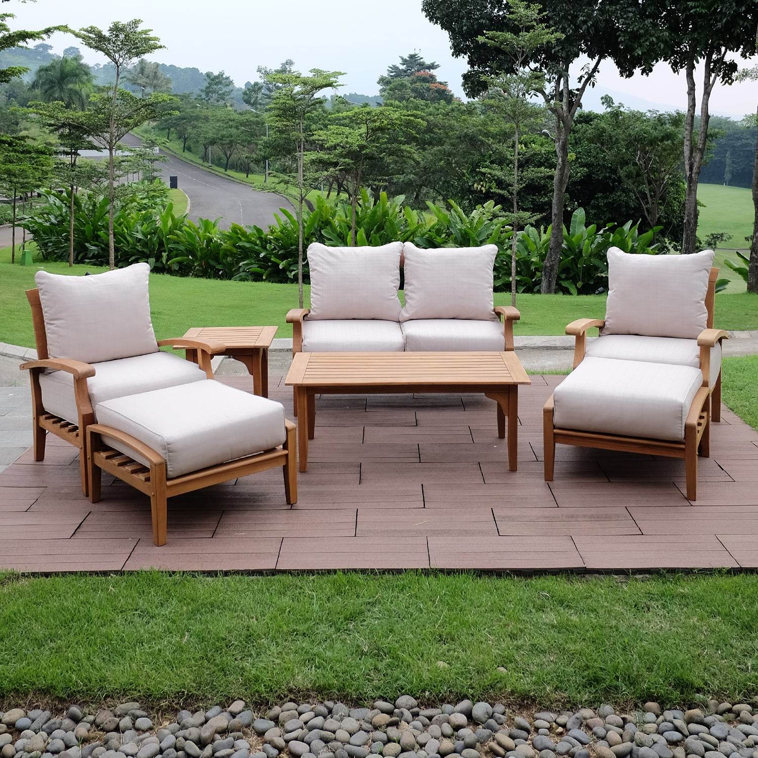 Caterina Teak Wood Outdoor Loveseat with Beige Cushion - Image 7