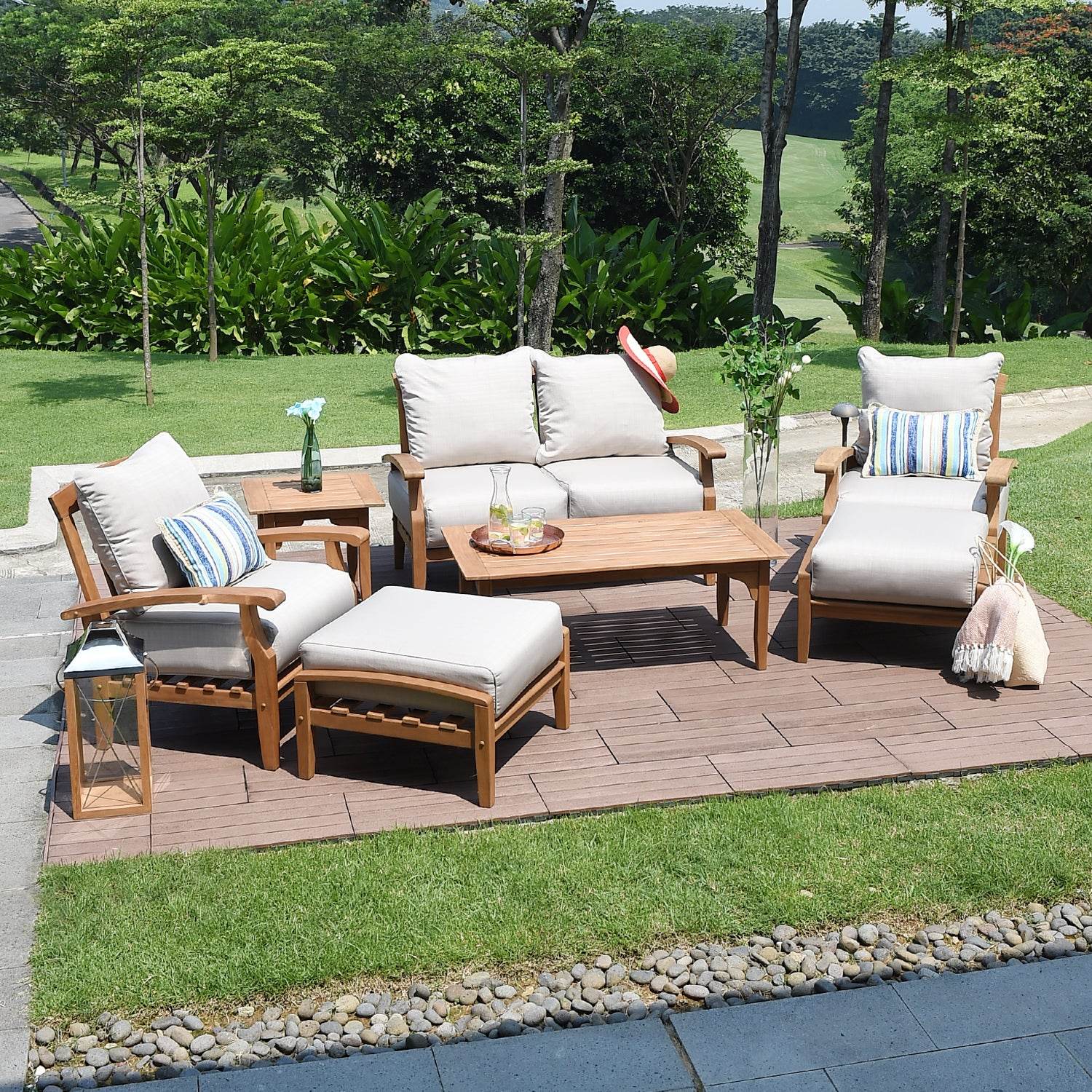 Caterina Teak Wood Outdoor Ottoman with Beige Cushion - Image 3