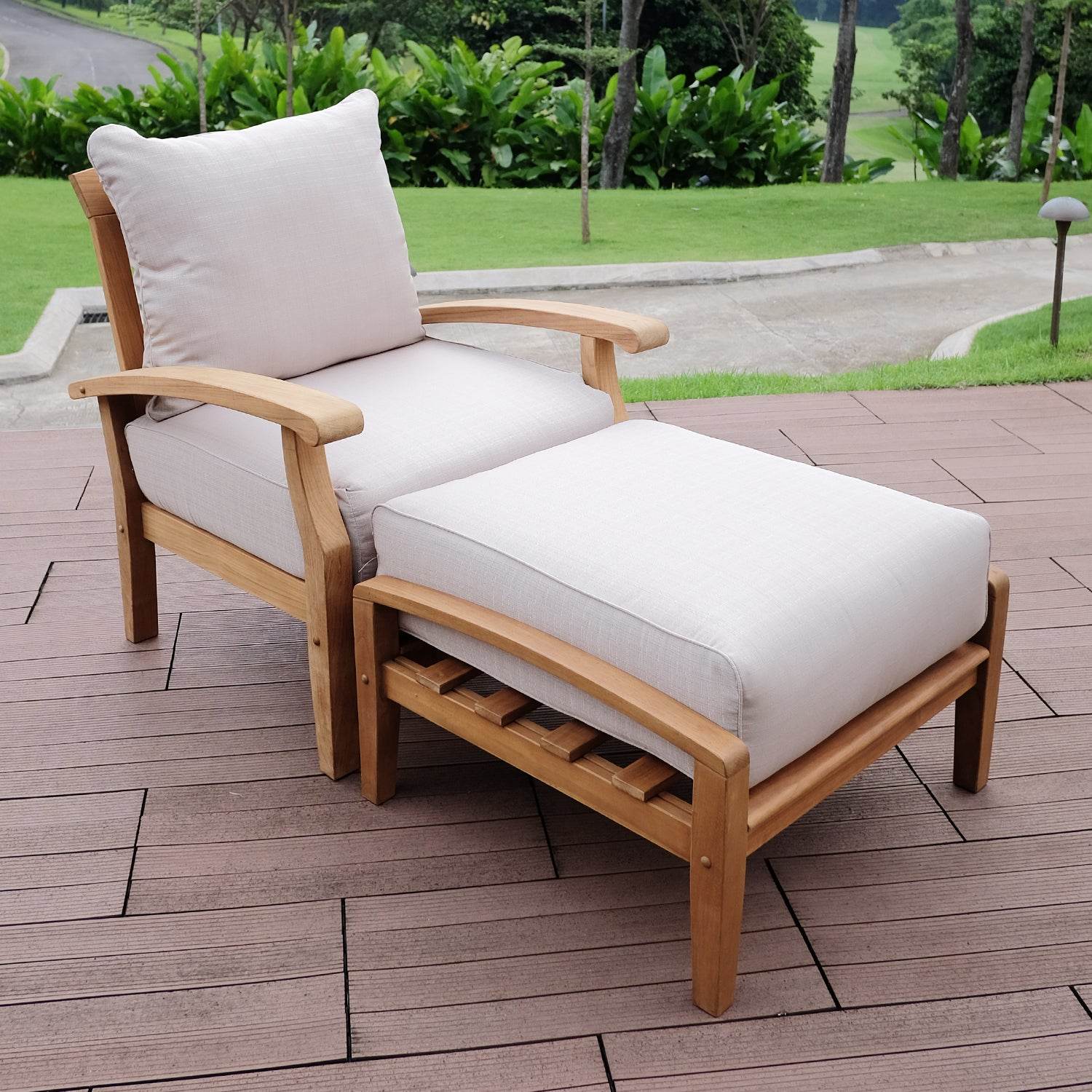 Caterina Teak Wood Outdoor Ottoman with Beige Cushion - Image 4