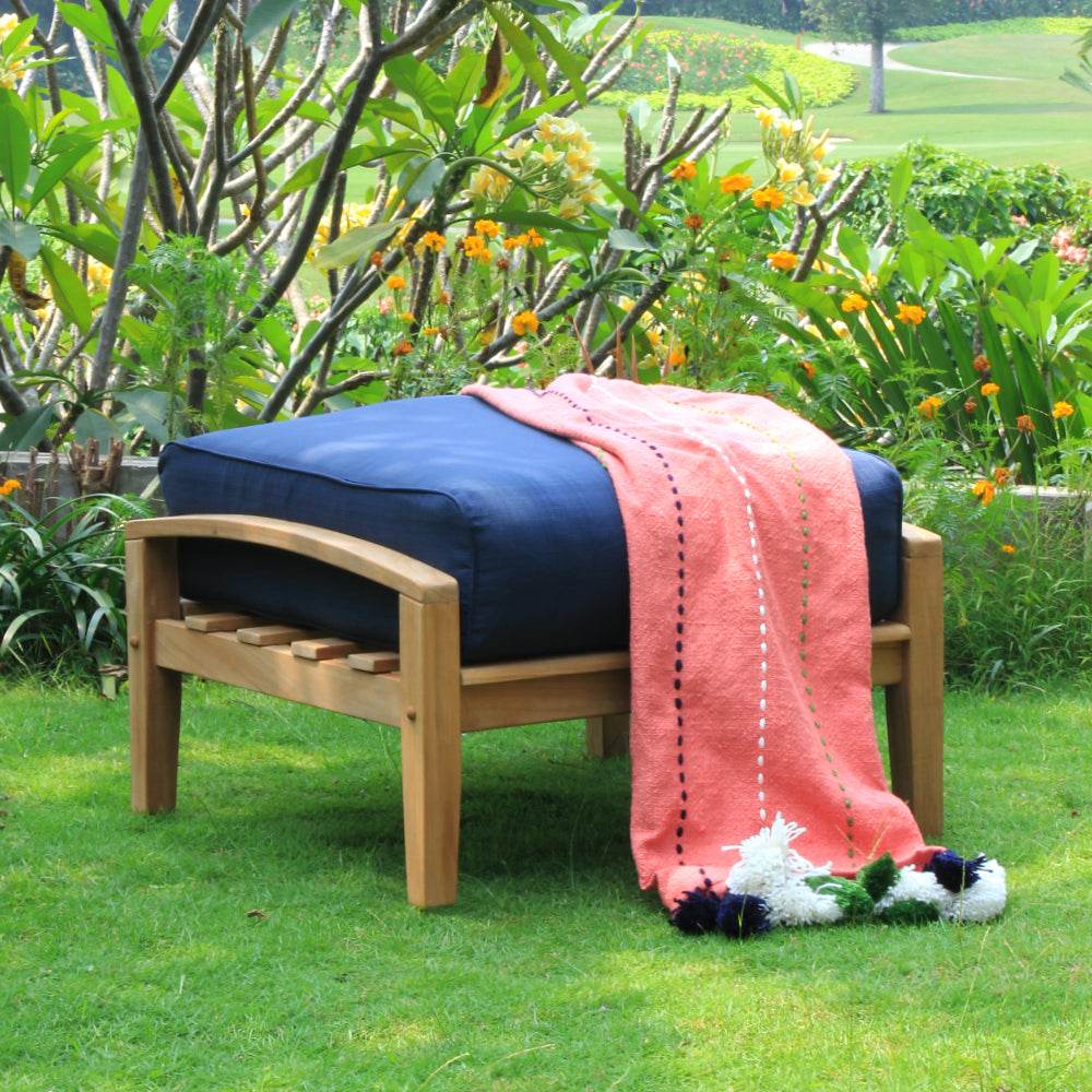 Caterina Teak Wood Outdoor Ottoman with Navy Cushion - Image 3