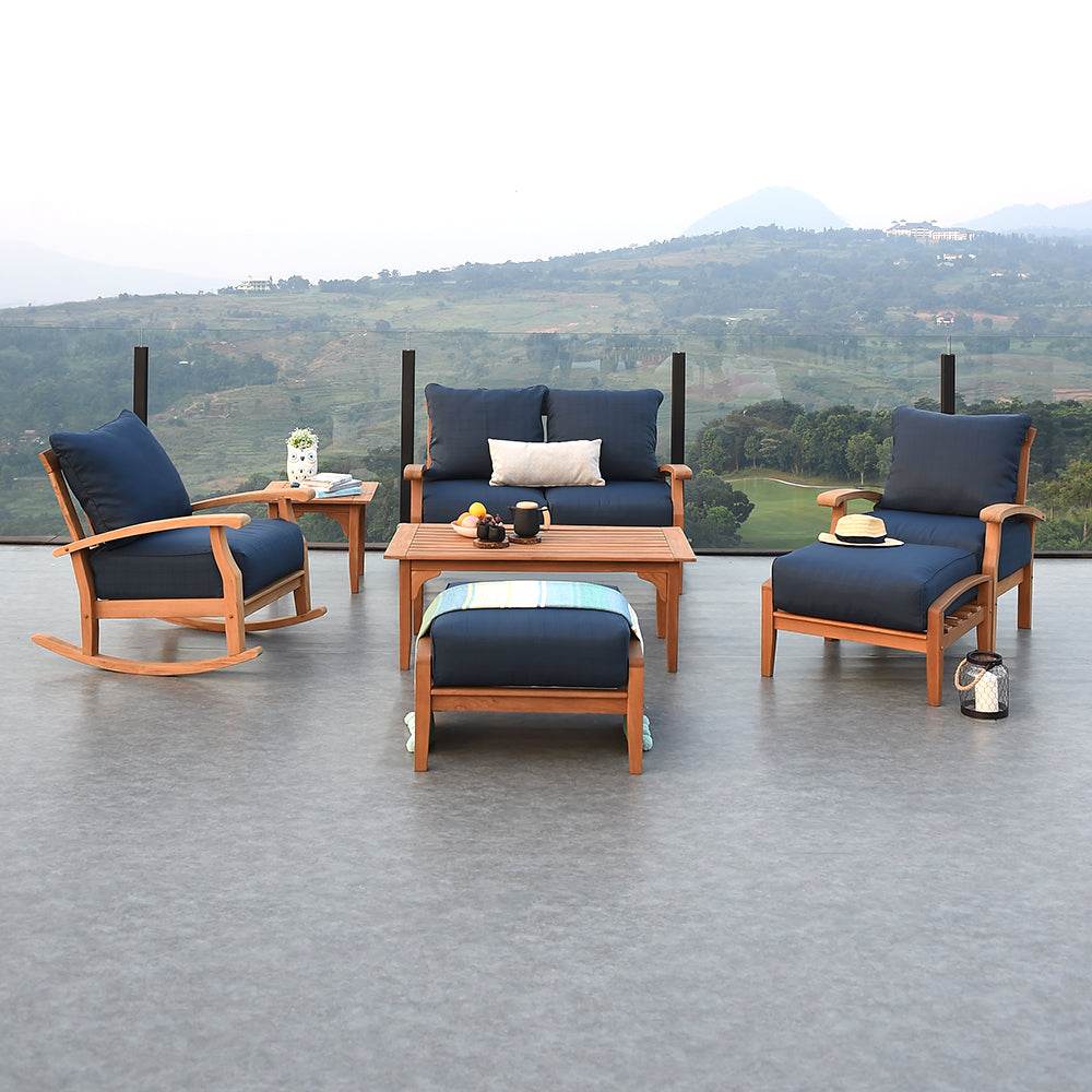 Caterina Teak Wood Outdoor Ottoman with Navy Cushion - Image 4