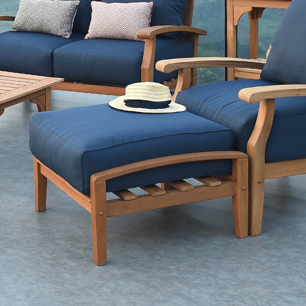 Caterina Teak Wood Outdoor Ottoman with Navy Cushion - Image 6