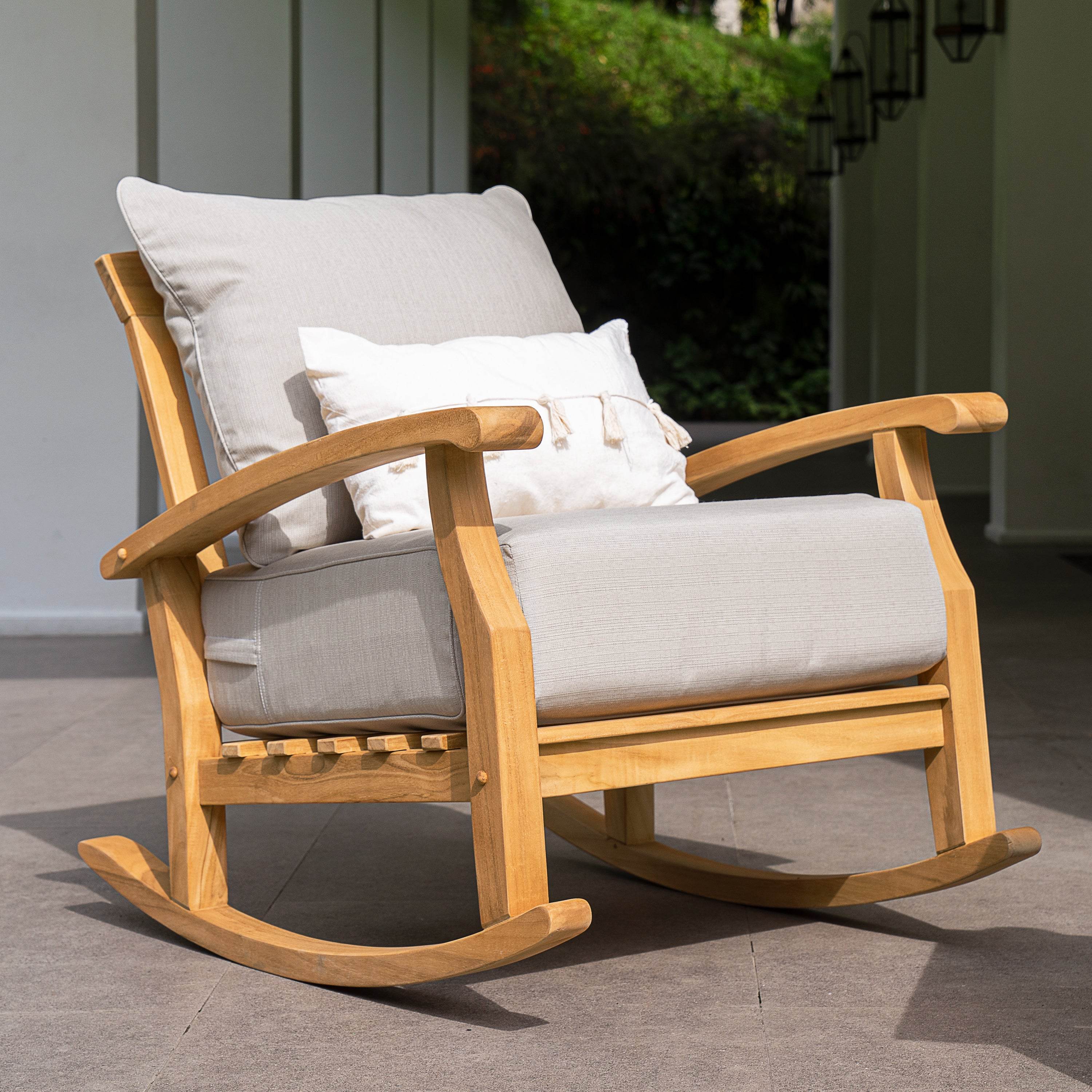 Caterina Teak Wood Outdoor Rocking Chair with Beige Cushion - Image 3
