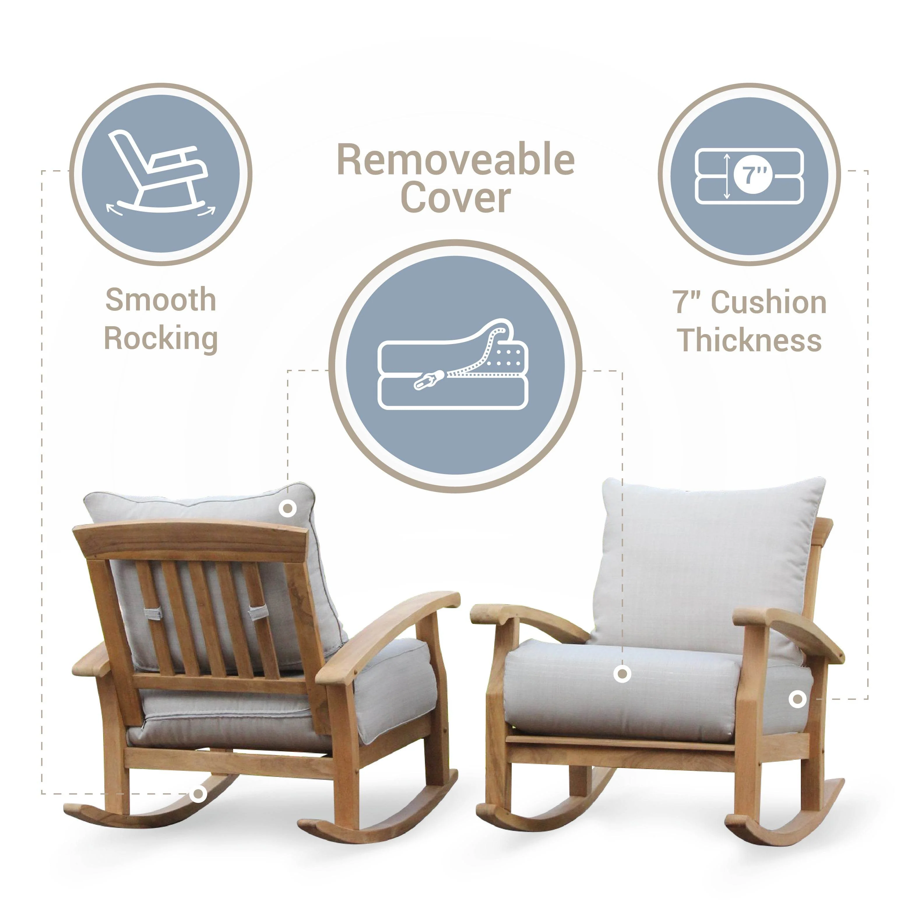 Caterina Teak Wood Outdoor Rocking Chair with Beige Cushion - Image 4