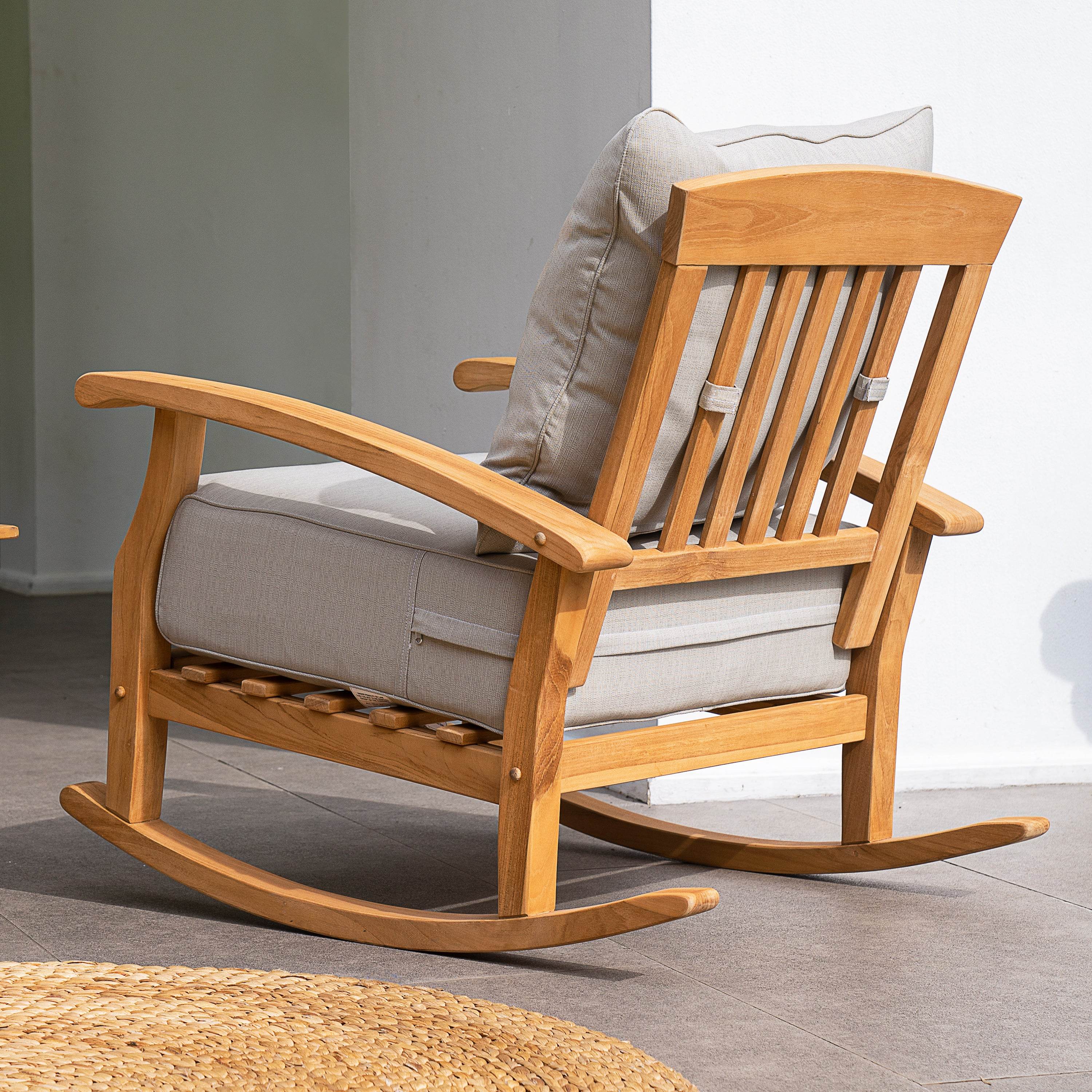 Caterina Teak Wood Outdoor Rocking Chair with Beige Cushion - Image 7