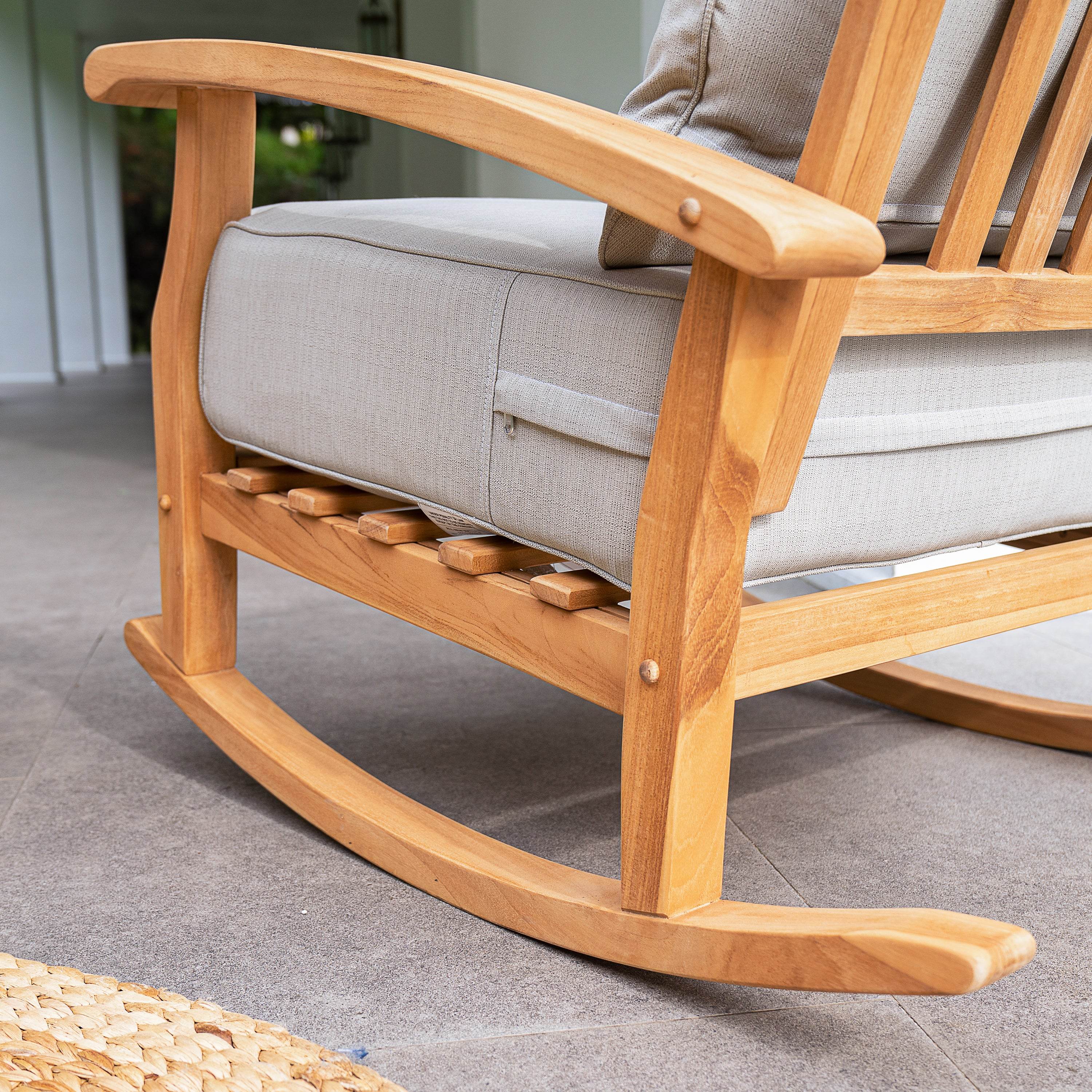 Caterina Teak Wood Outdoor Rocking Chair with Beige Cushion - Image 9