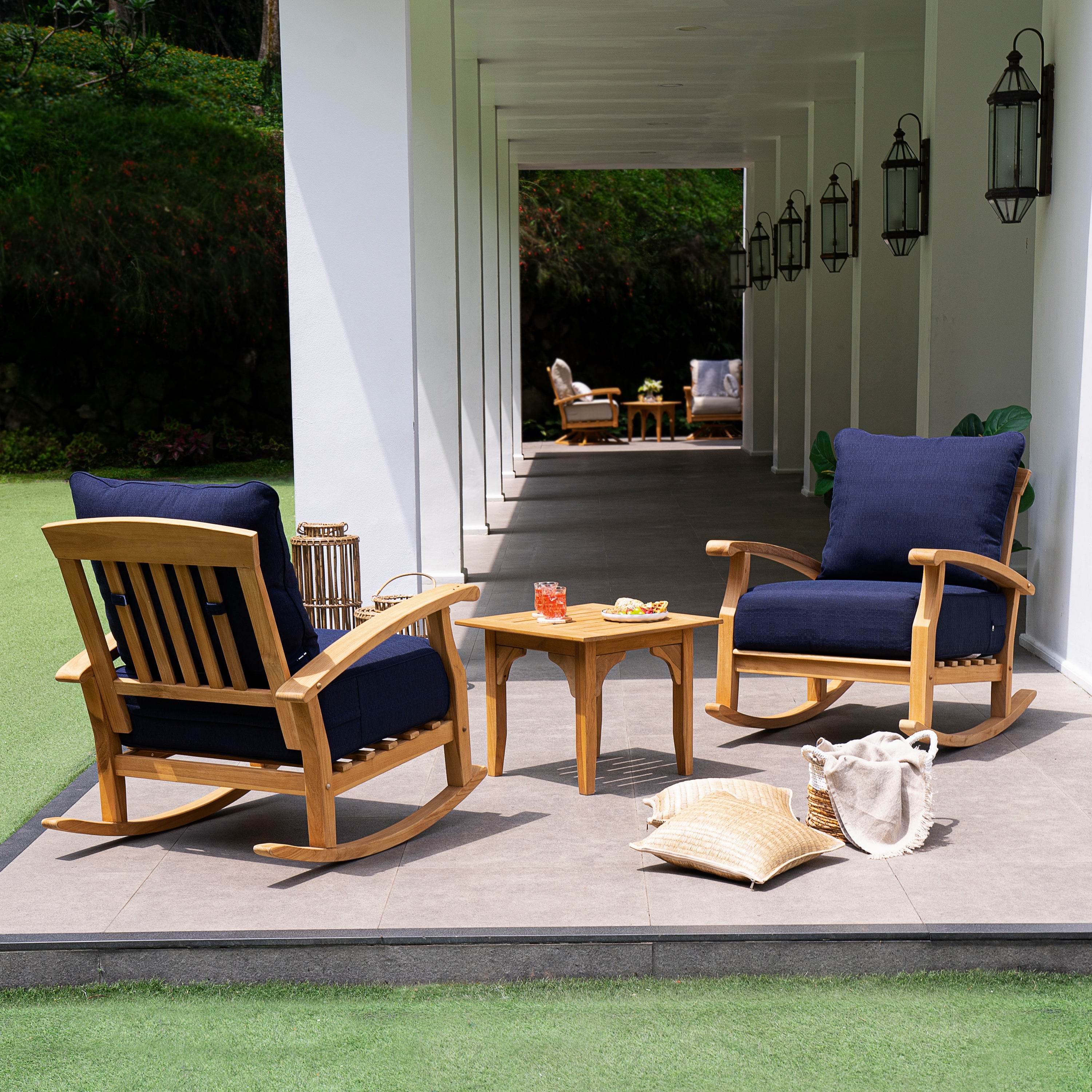 Caterina Teak Wood Outdoor Rocking Chair with Navy Cushion - Image 3