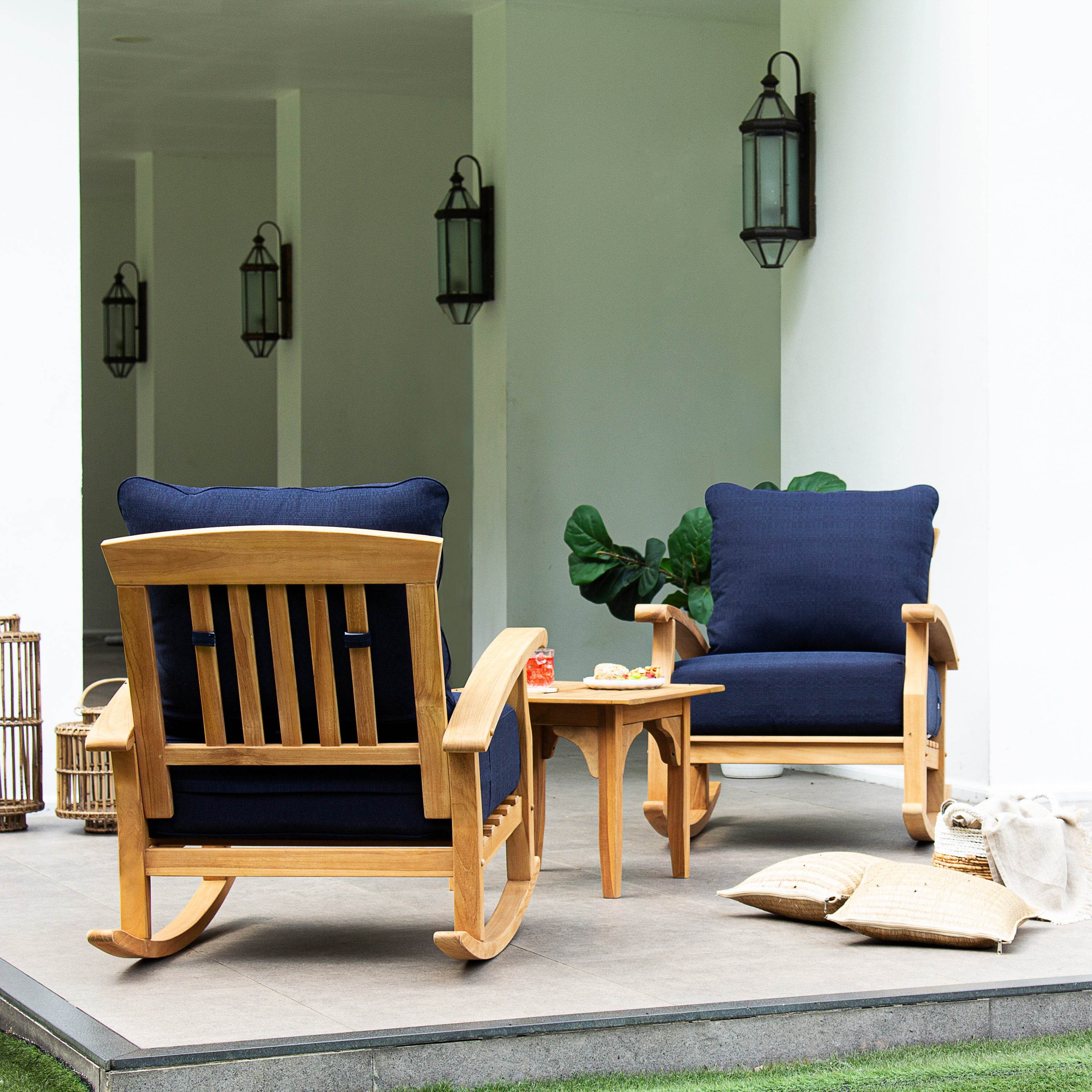 Caterina Teak Wood Outdoor Rocking Chair with Navy Cushion - Image 7
