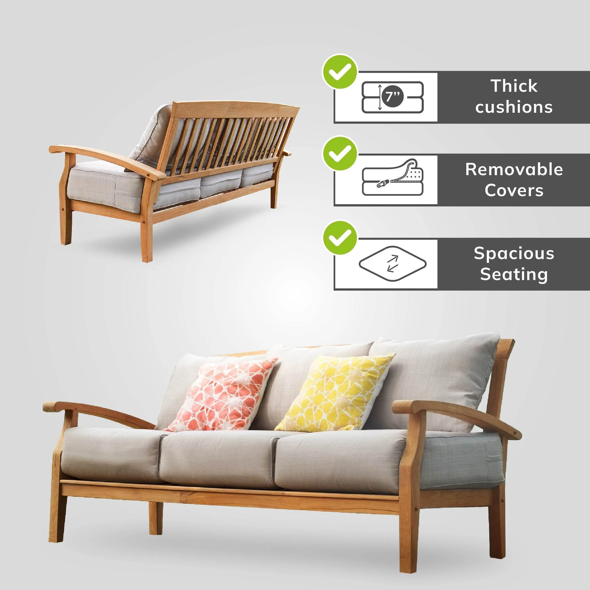 Caterina Teak Wood Patio Sofa with Beige Cushion - Image 4