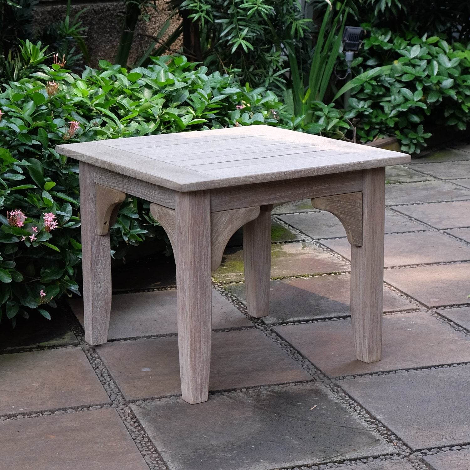 Caterina Weathered Teak Wood 3 Piece Patio Rocker Conversation Set with Blue Spruce Cushion - Image 6