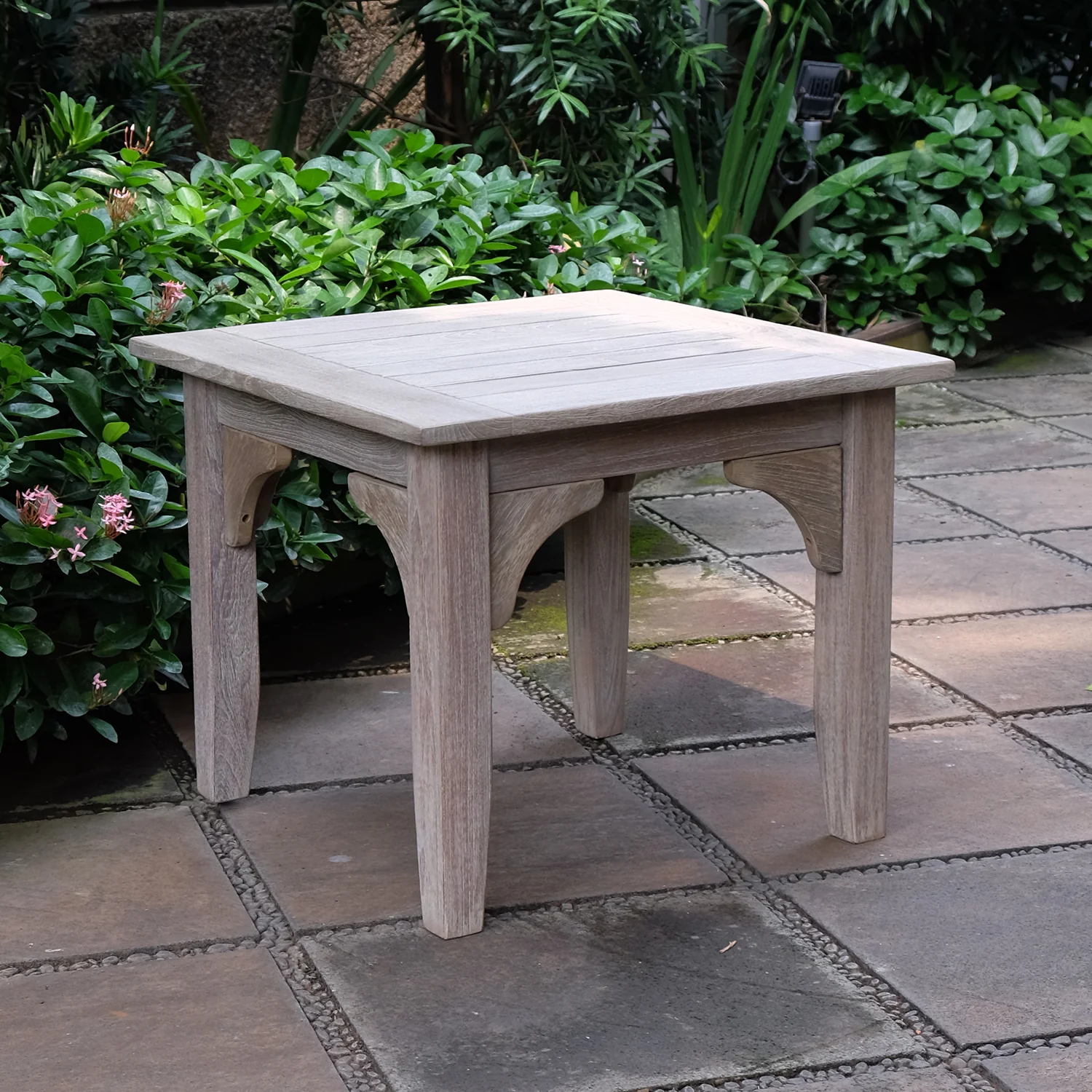 Caterina Weathered Teak Wood 3 Piece Patio Rocker Conversation Set with Tan Cushion - Image 8