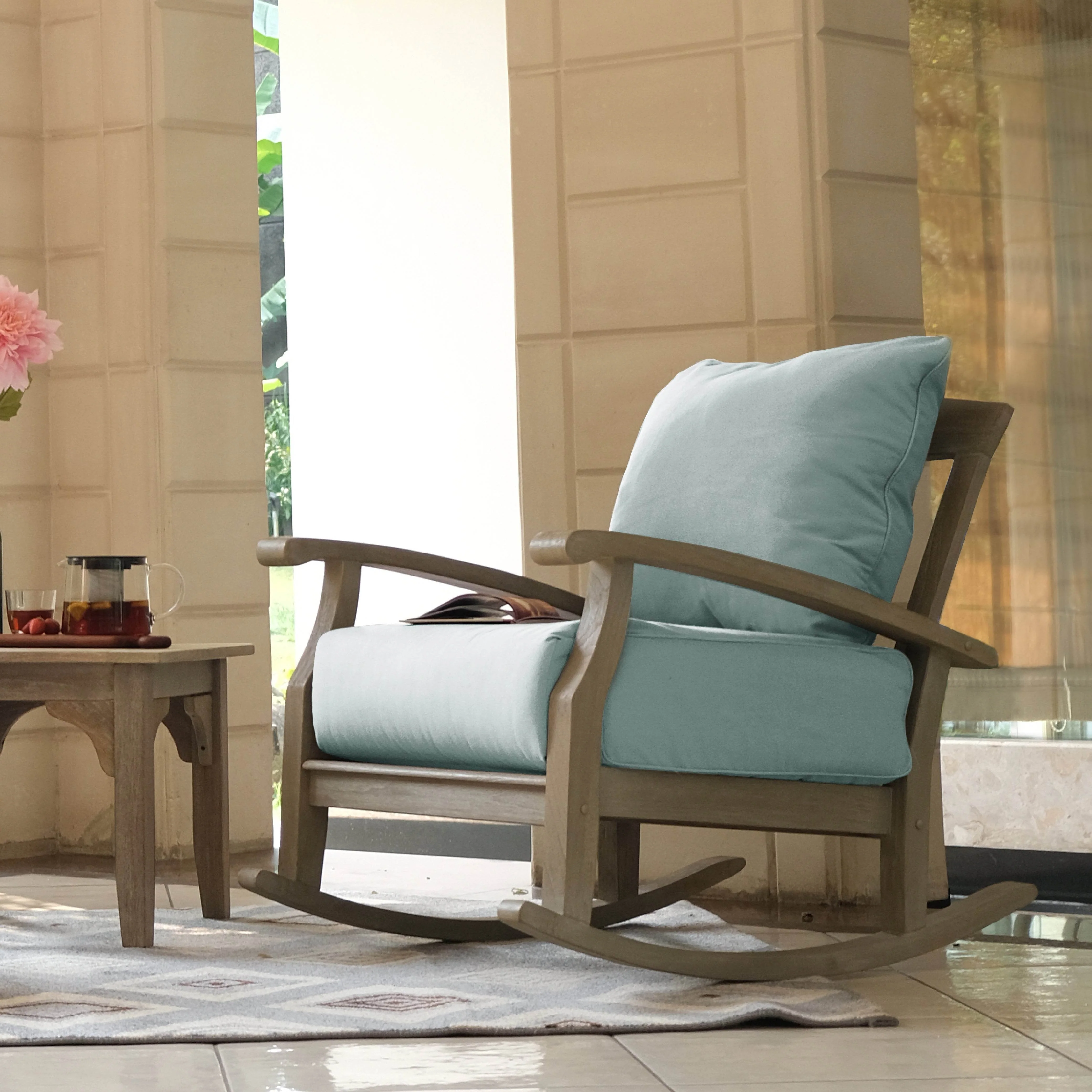 Caterina Weathered Teak Wood Outdoor Rocking Chair with Blue Spruce Cushion - Image 7