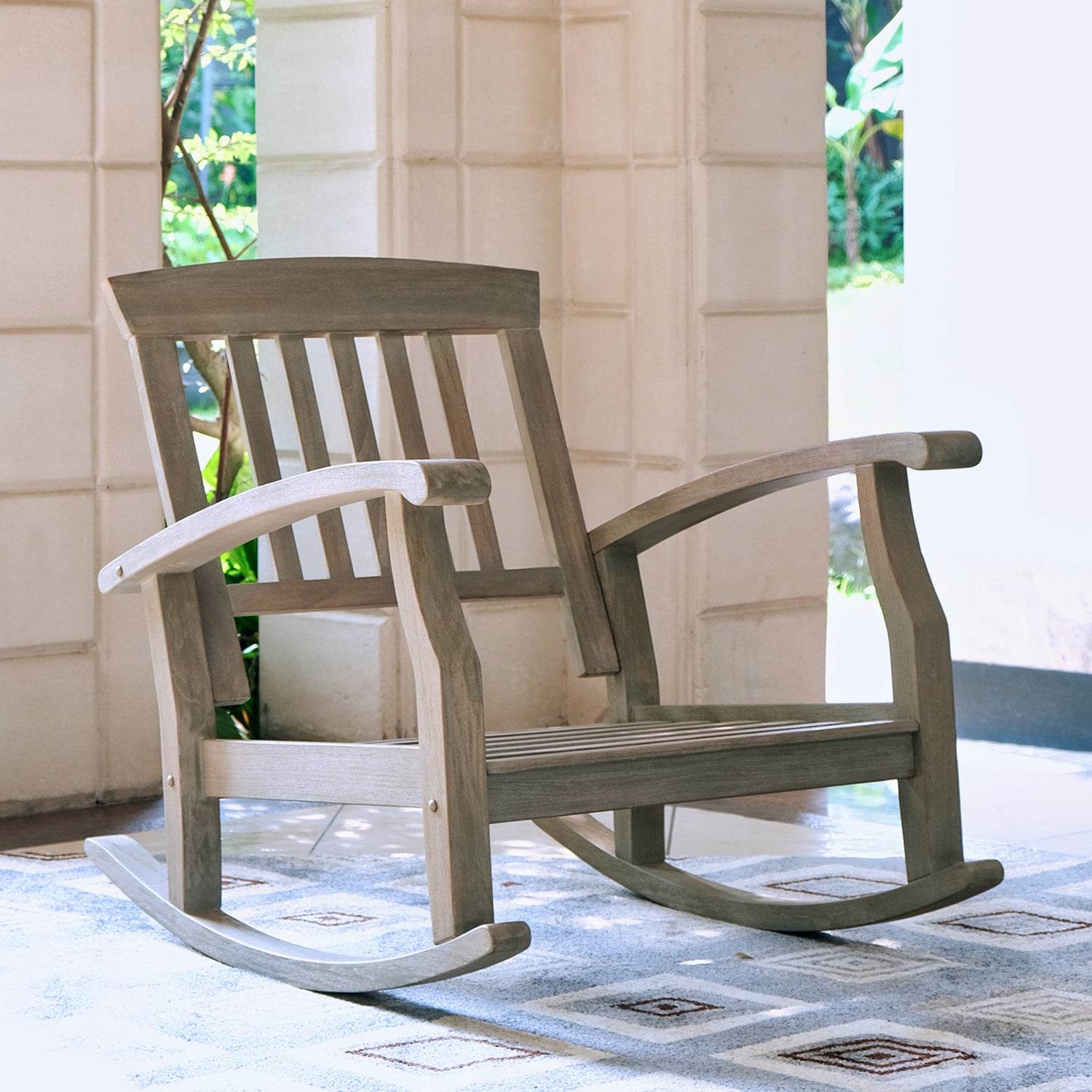 Caterina Weathered Teak Wood Outdoor Rocking Chair with Blue Spruce Cushion - Image 8