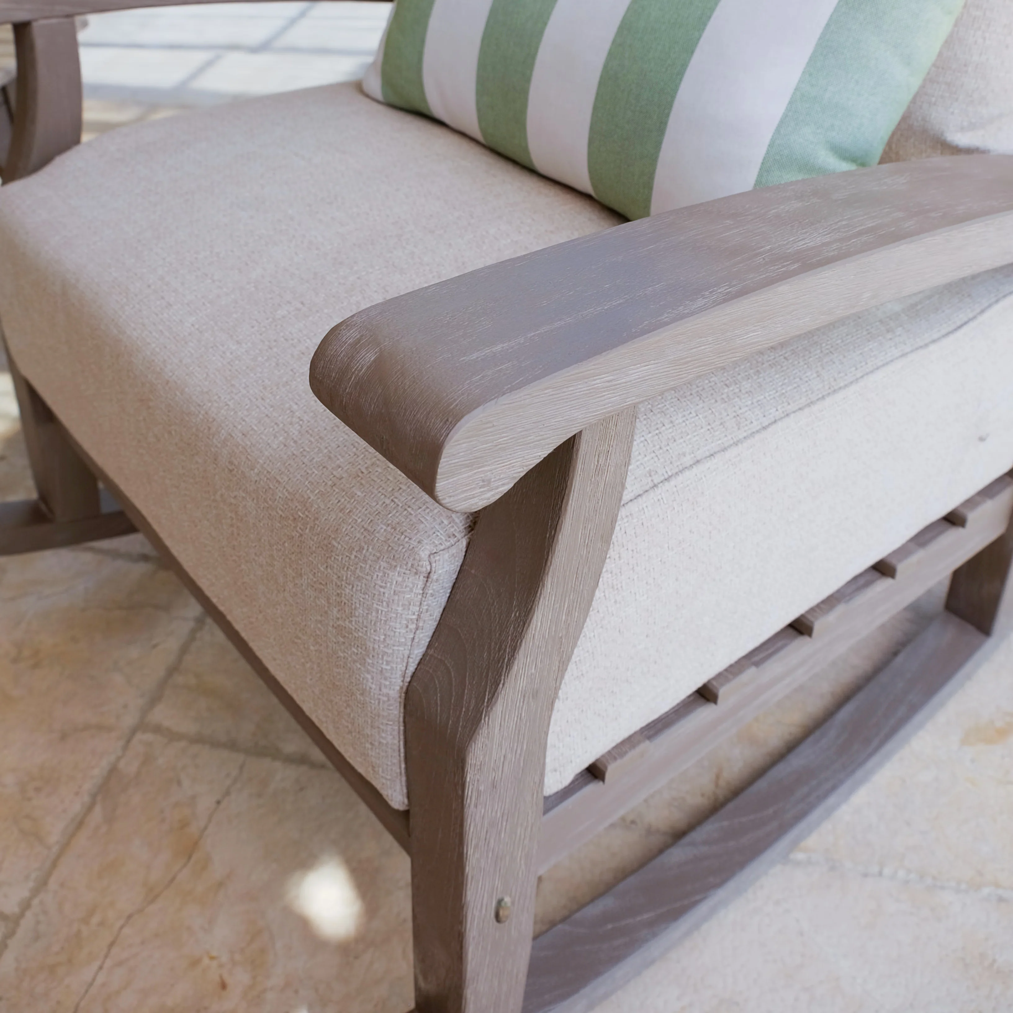 Caterina Weathered Teak Wood Outdoor Rocking Chair with Tan Cushion - Image 10