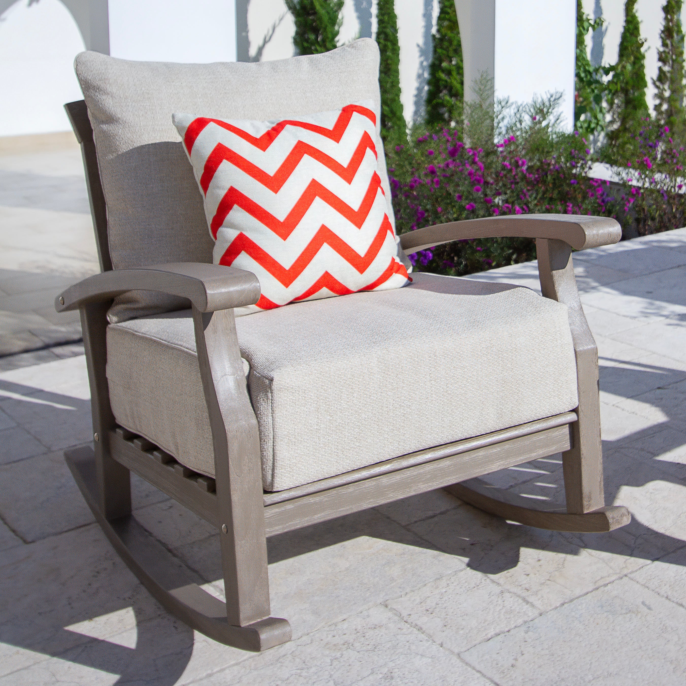 Caterina Weathered Teak Wood Outdoor Rocking Chair with Tan Cushion - Image 3