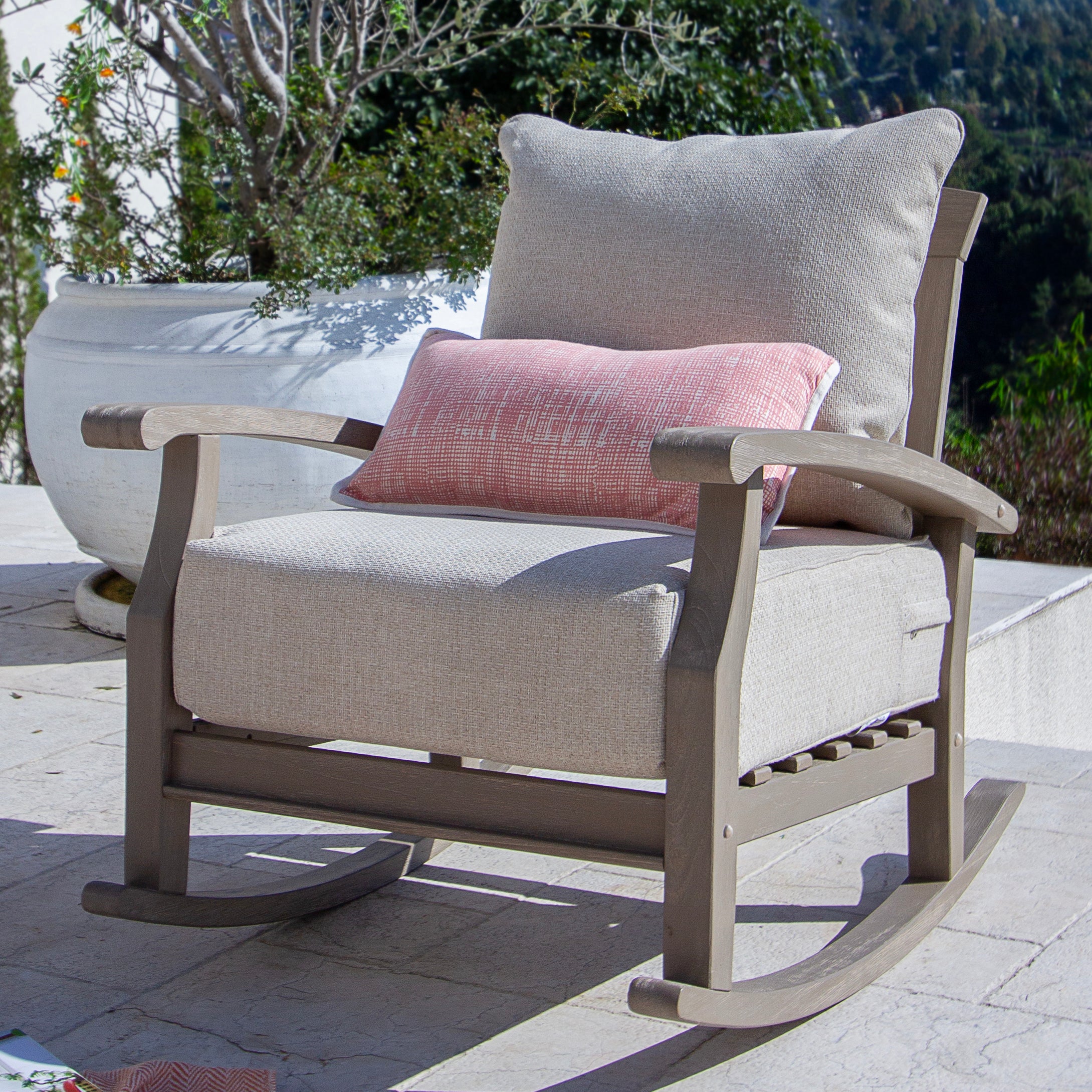 Caterina Weathered Teak Wood Outdoor Rocking Chair with Tan Cushion - Image 7