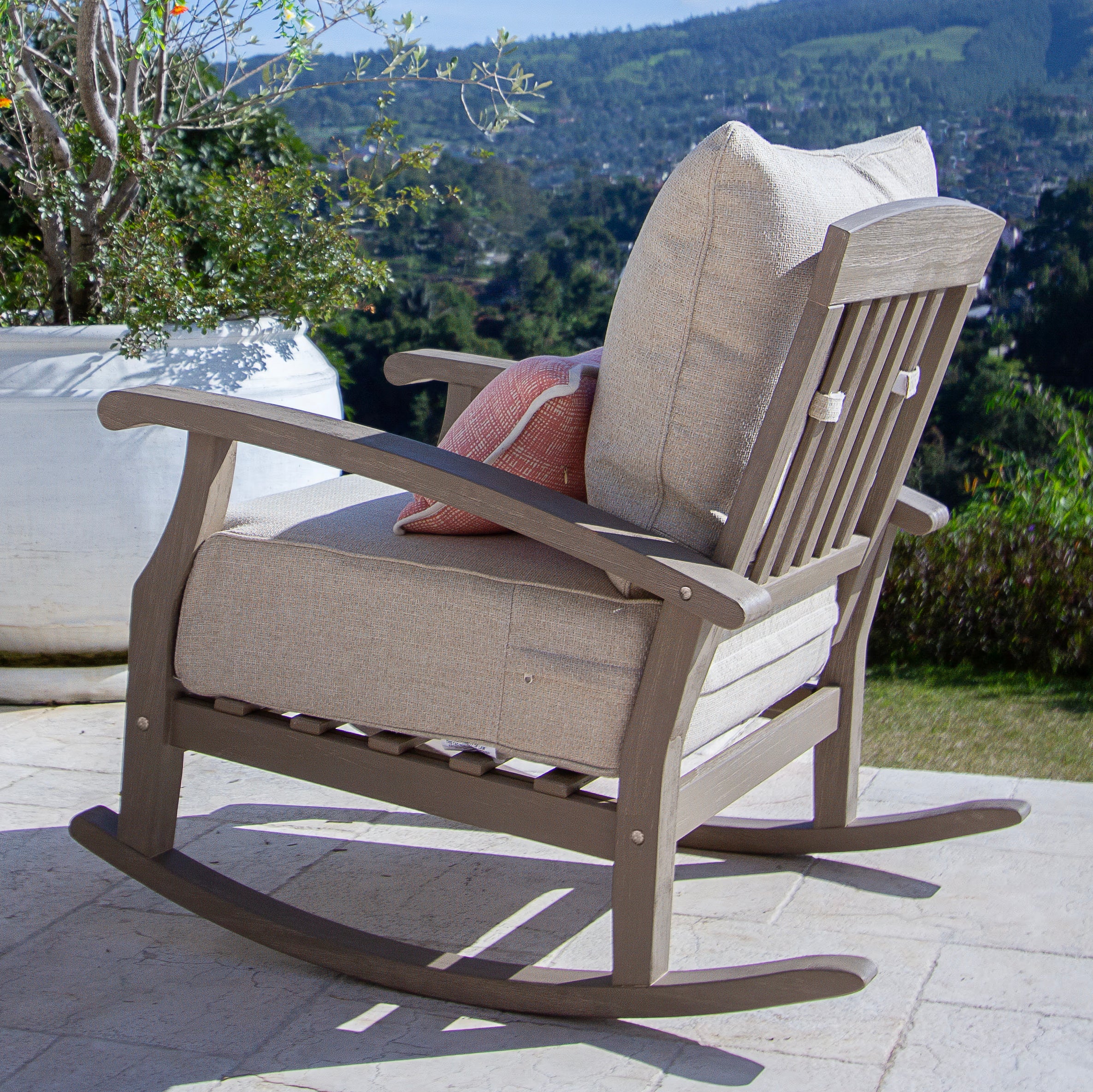 Caterina Weathered Teak Wood Outdoor Rocking Chair with Tan Cushion - Image 8