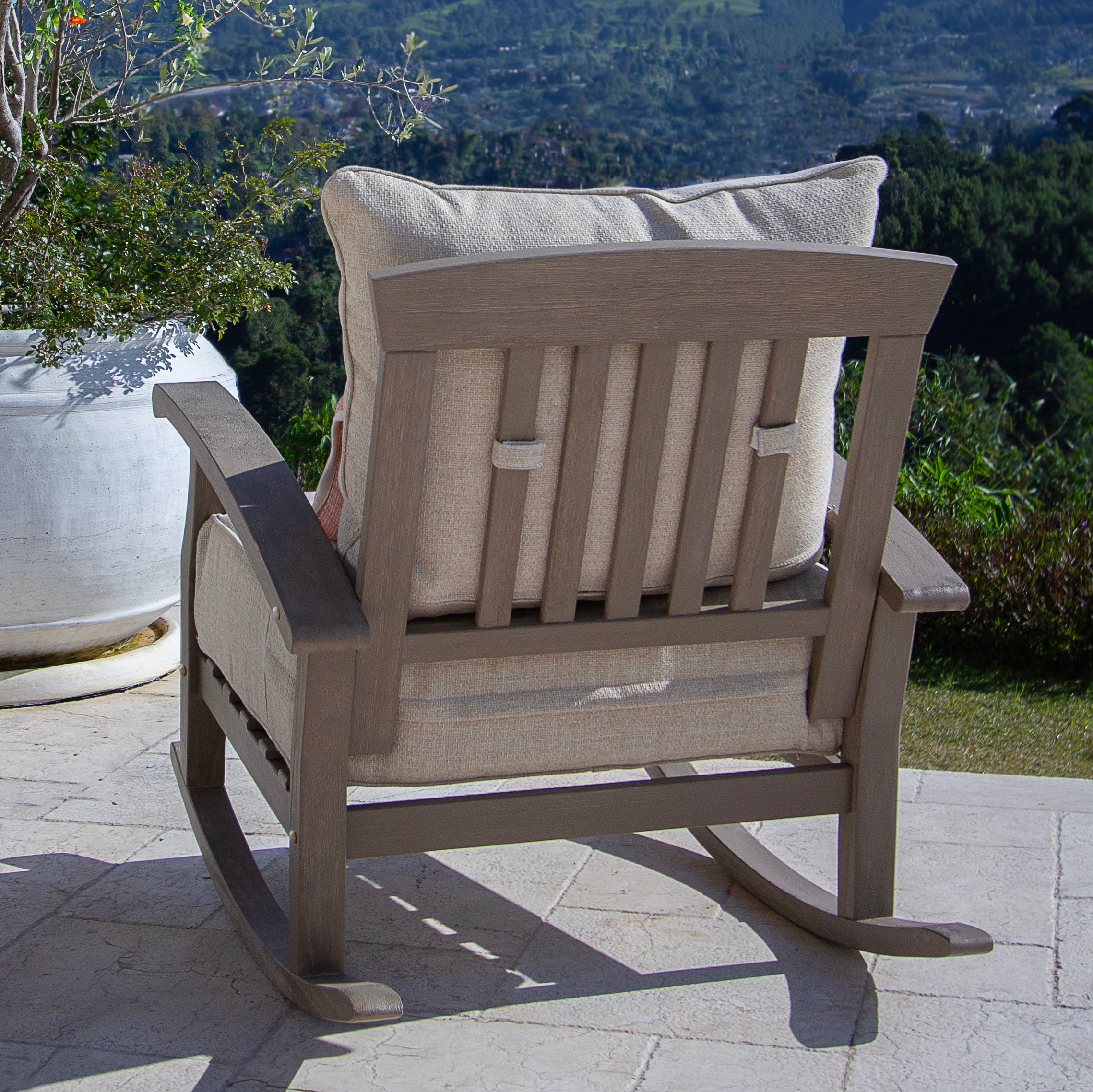Caterina Weathered Teak Wood Outdoor Rocking Chair with Tan Cushion - Image 9