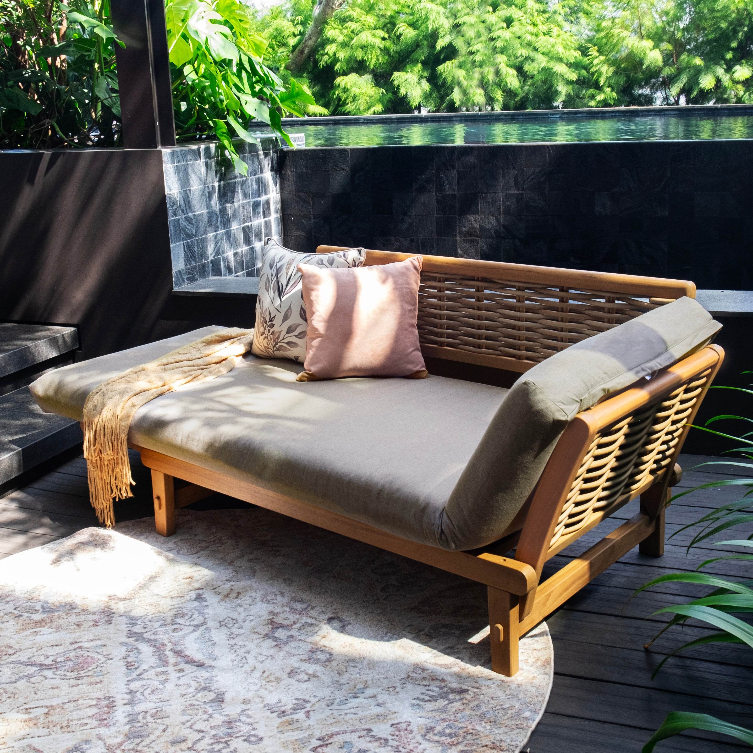 Chester Teak Wicker Outdoor Convertible Sofa Daybed with Sunbrella Cast Shale Cushion - Image 14