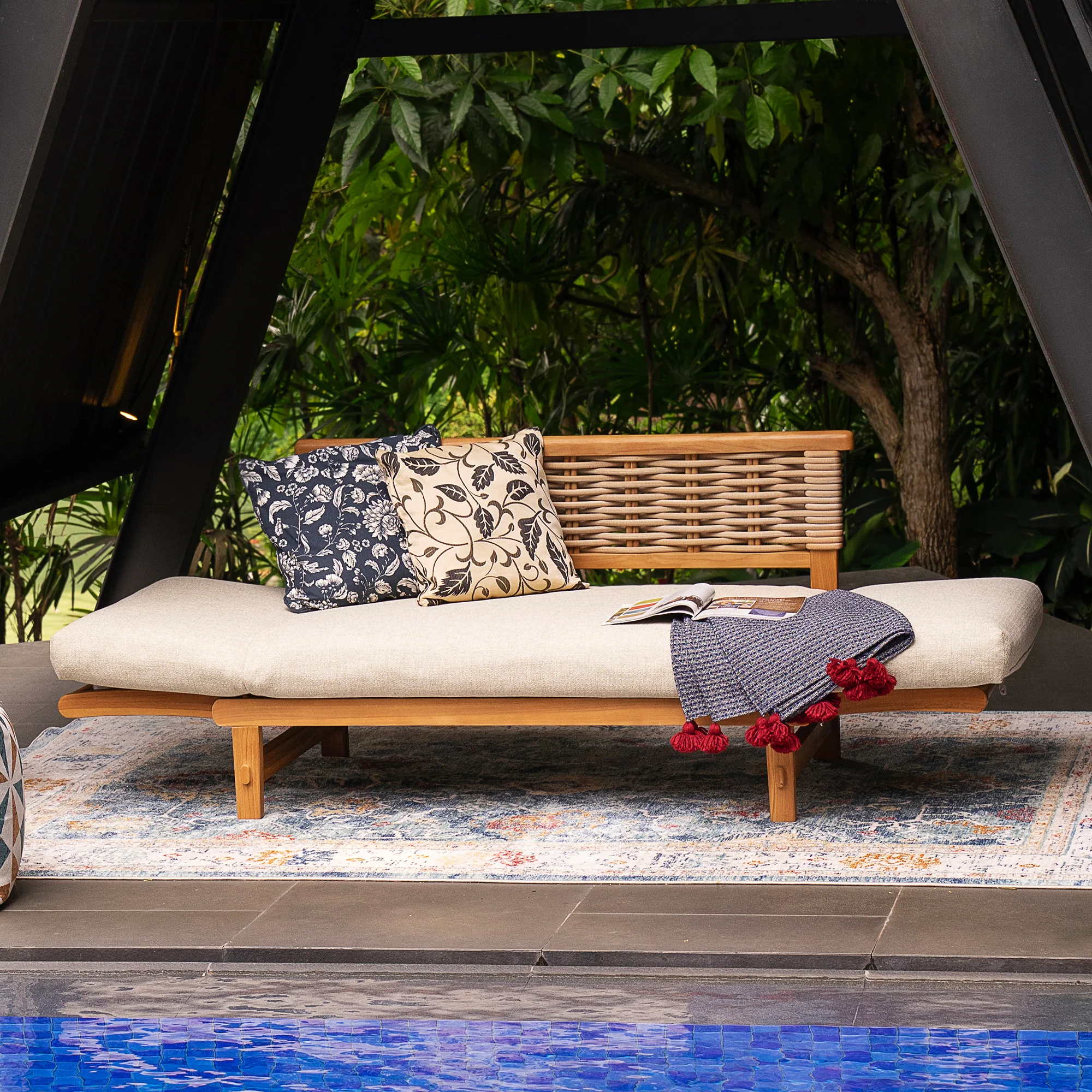 Chester Teak Wicker Outdoor Convertible Sofa Daybed with Tan Cushion - Image 3