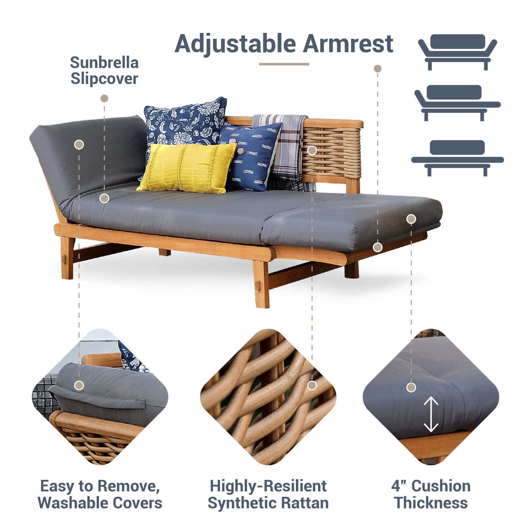 Chester Teak Wicker Outdoor Convertible Sofa Daybed with Tan Cushion - Image 4