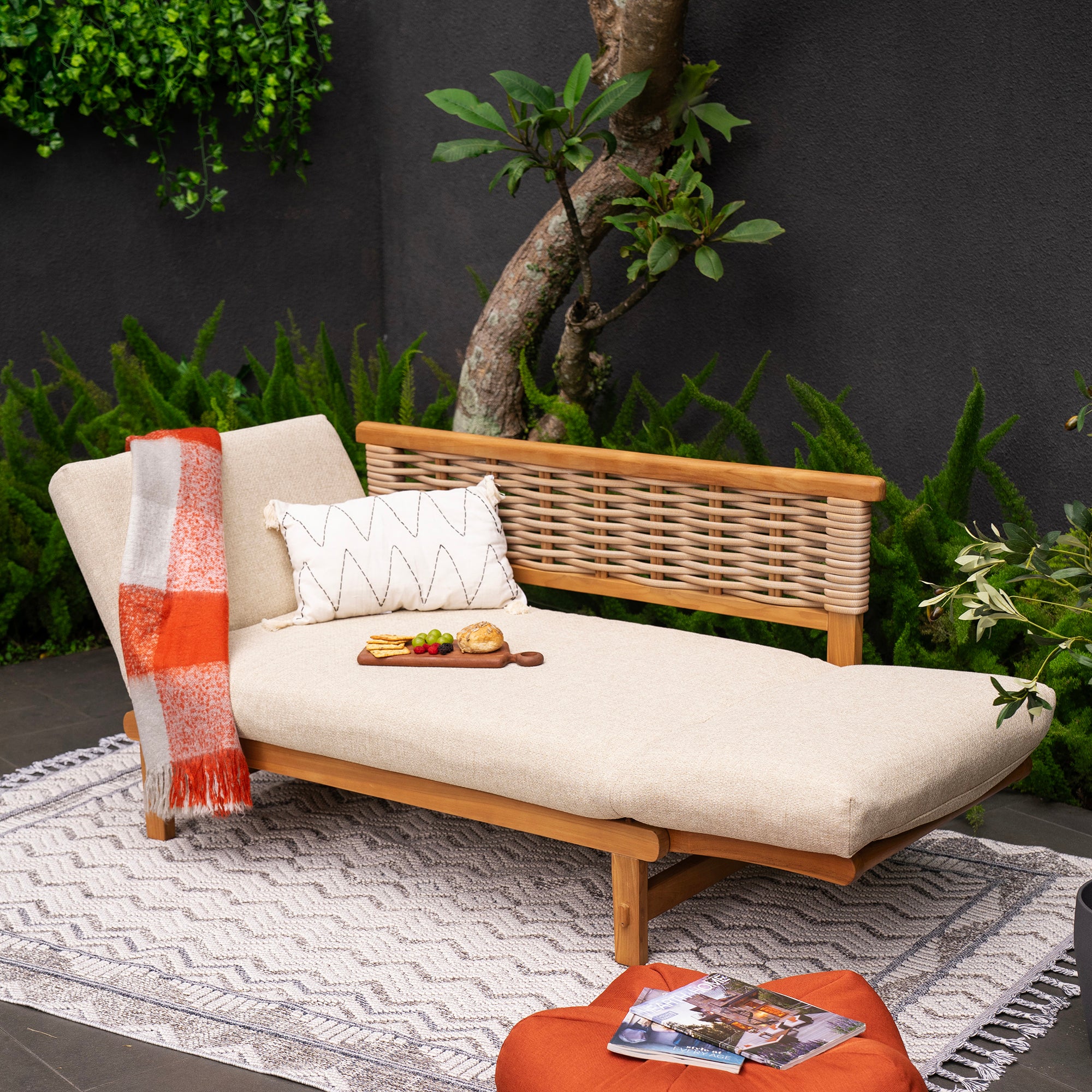 Chester Teak Wicker Outdoor Convertible Sofa Daybed with Tan Cushion - Image 6