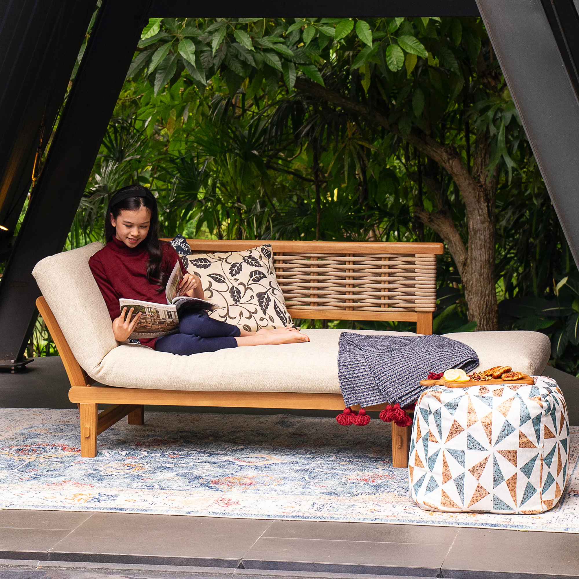 Chester Teak Wicker Outdoor Convertible Sofa Daybed with Tan Cushion - Image 7