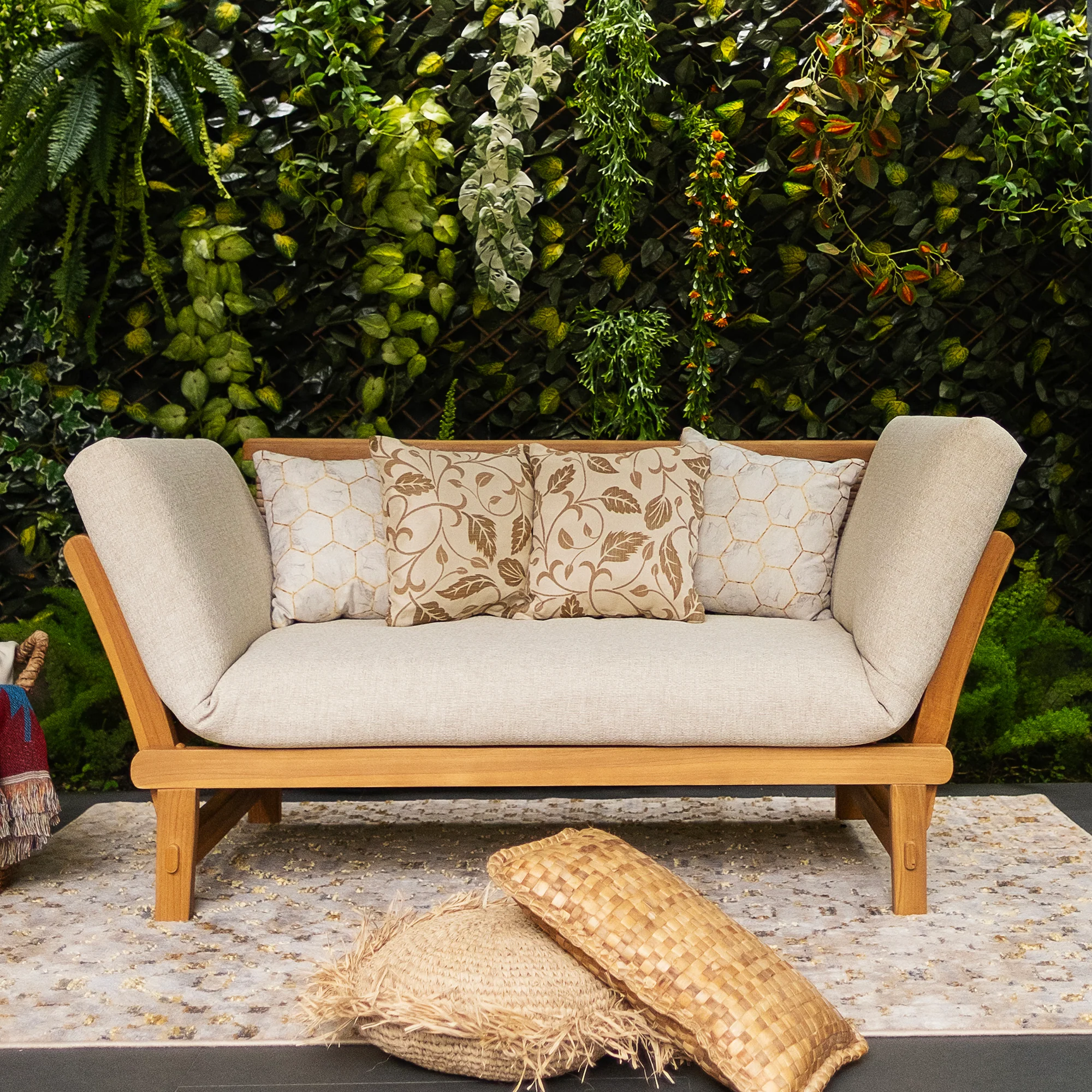 Chester Teak Wicker Outdoor Convertible Sofa Daybed with Tan Cushion - Image 8