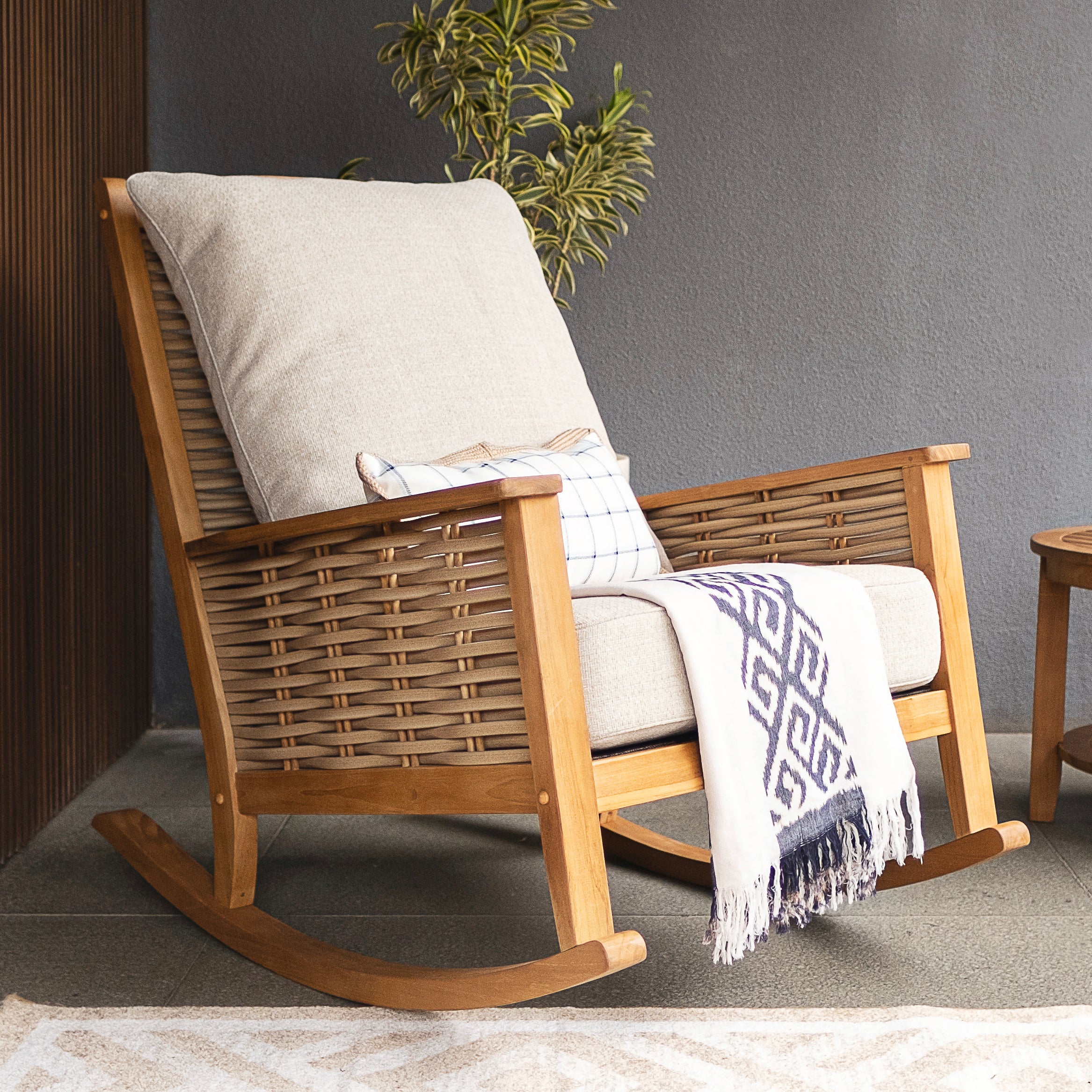 Chester Teak Wood Patio Rocking Chair with Tan Cushion - Image 3