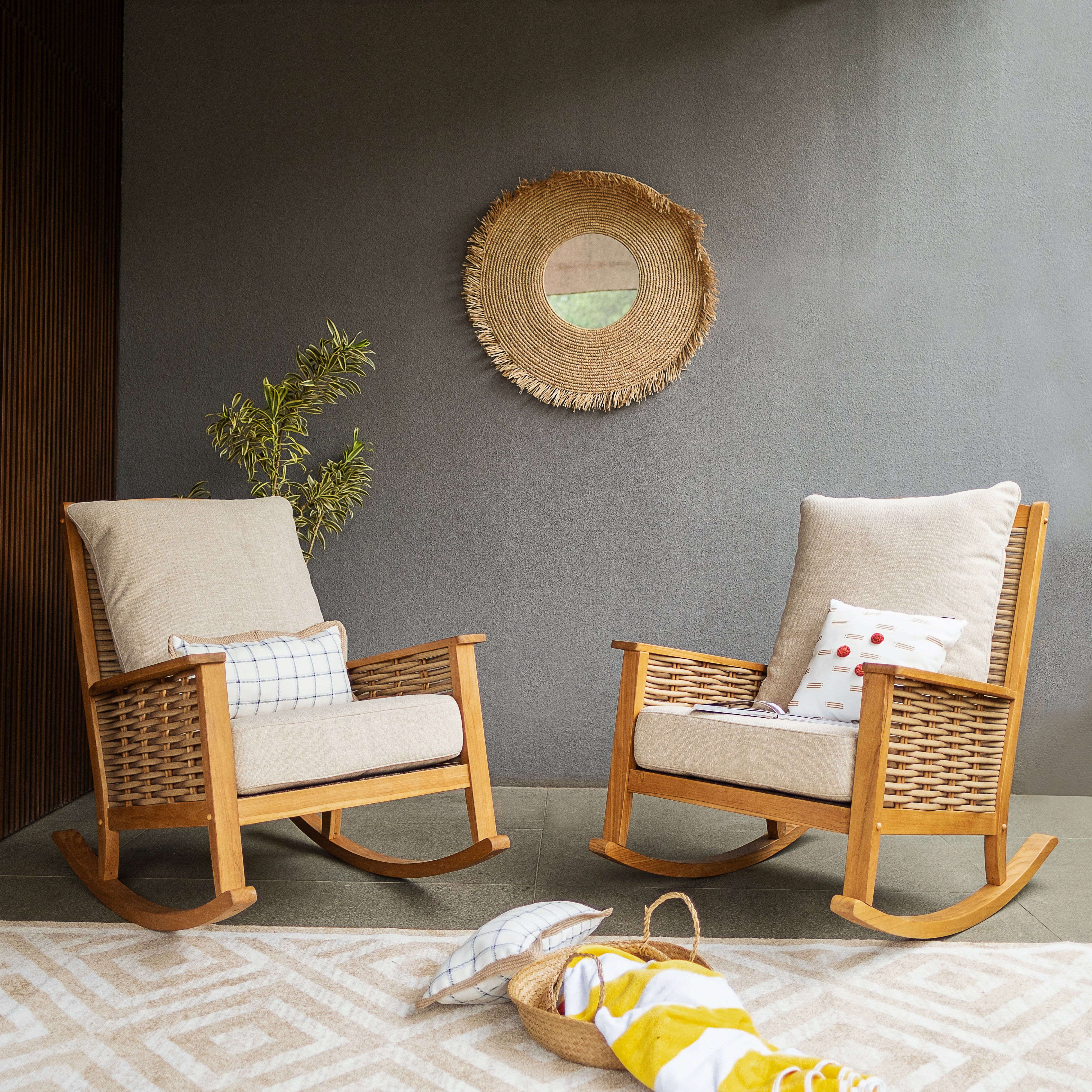 Chester Teak Wood Patio Rocking Chair with Tan Cushion - Image 9