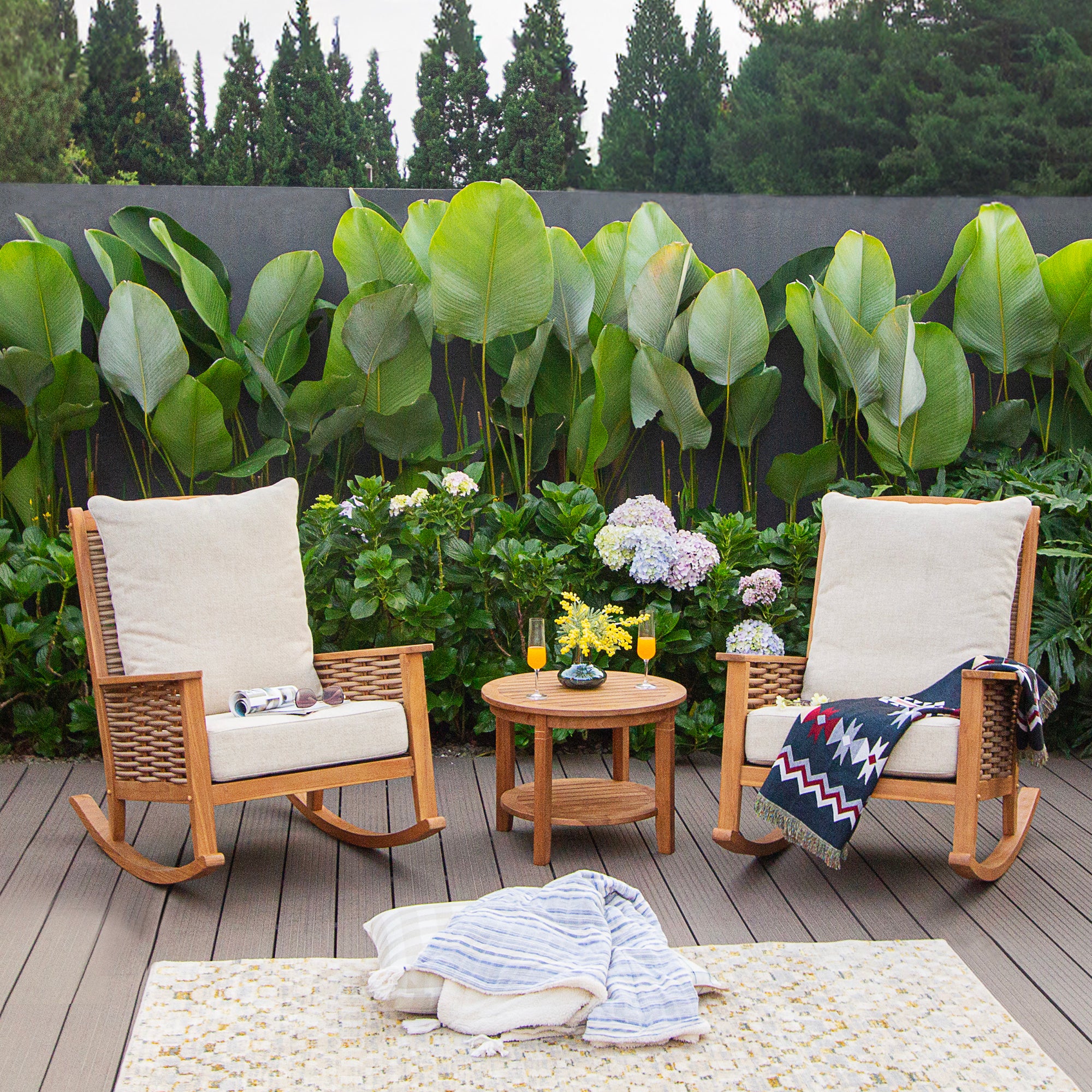 Chester Teak Wood 3 Pieces Patio Rocking Chair Set with Tan Cushion - Image 3