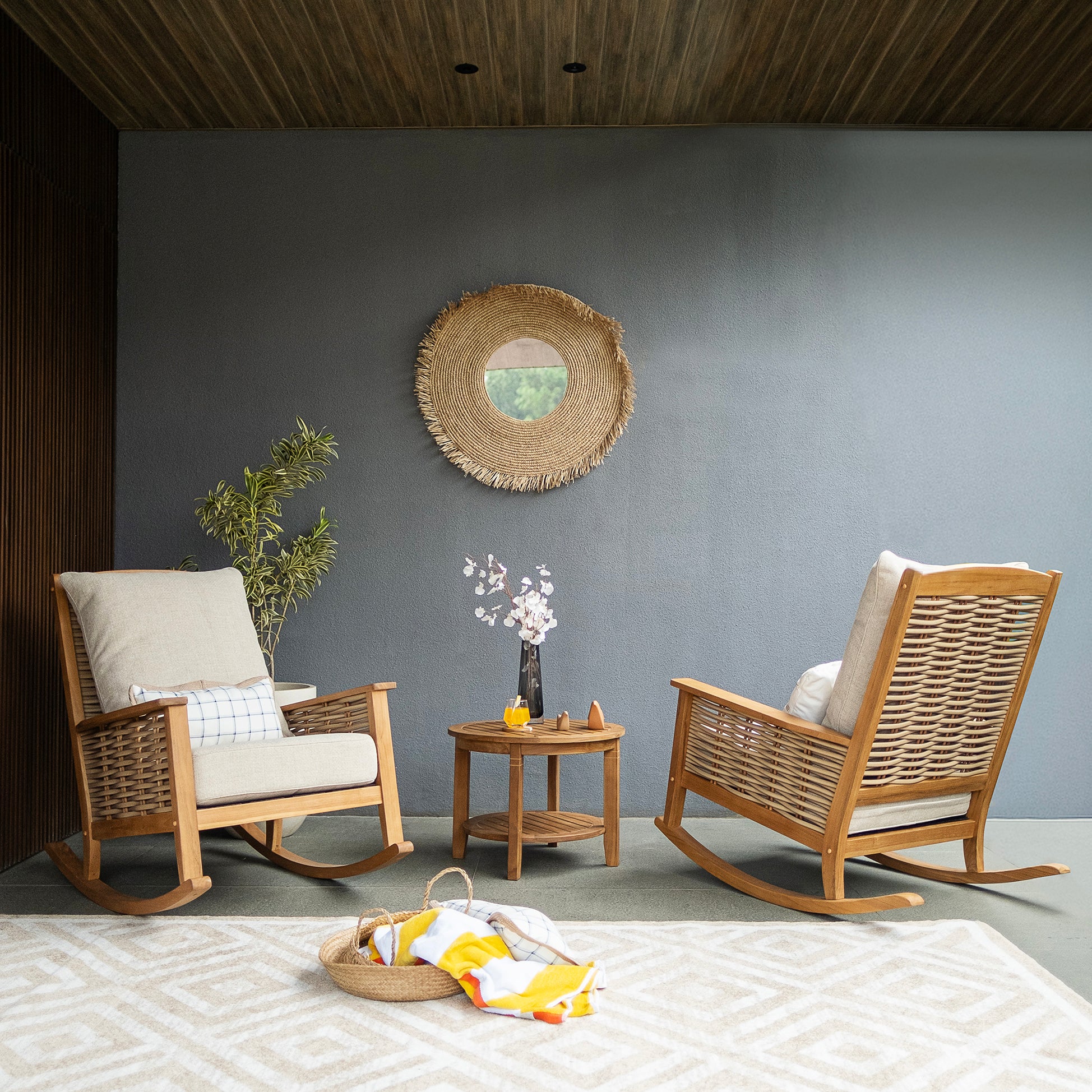 Chester Teak Wood 3 Pieces Patio Rocking Chair Set with Tan Cushion - Image 5