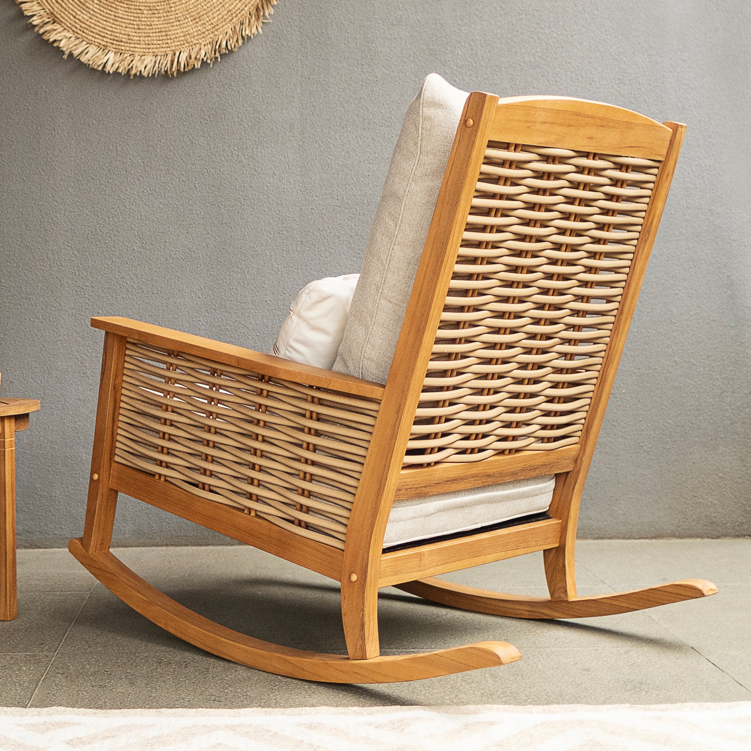Chester Teak Wood Patio Rocking Chair with Tan Cushion - Image 7