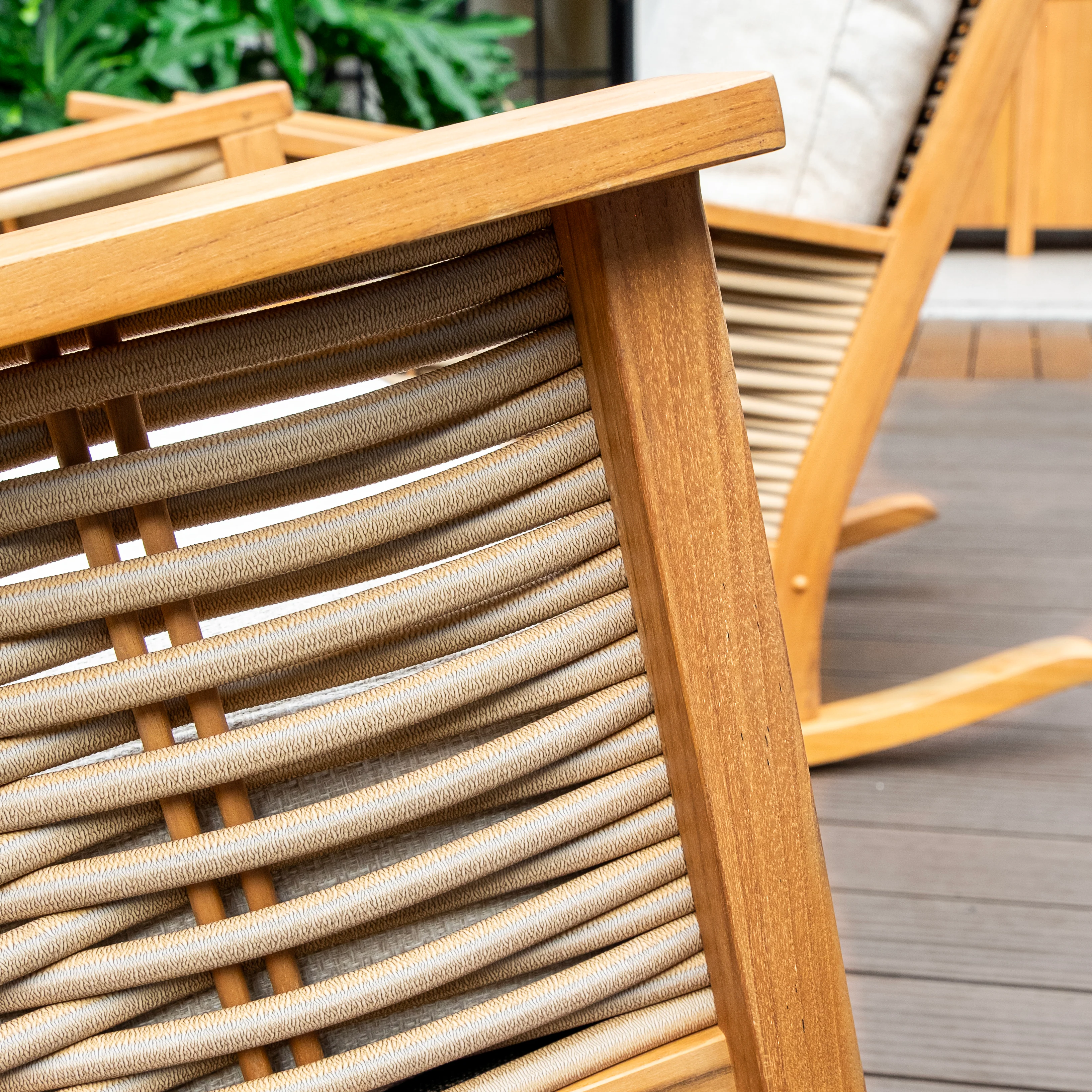 Chester Teak Wood Patio Rocking Chair with Tan Cushion - Image 10