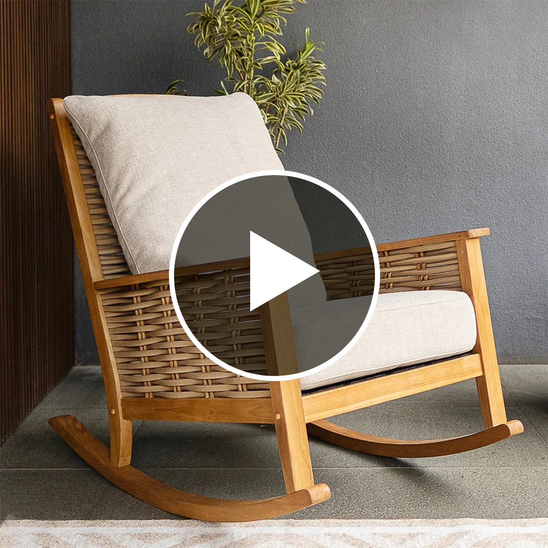 Chester Teak Wood Patio Rocking Chair with Tan Cushion - Image 5