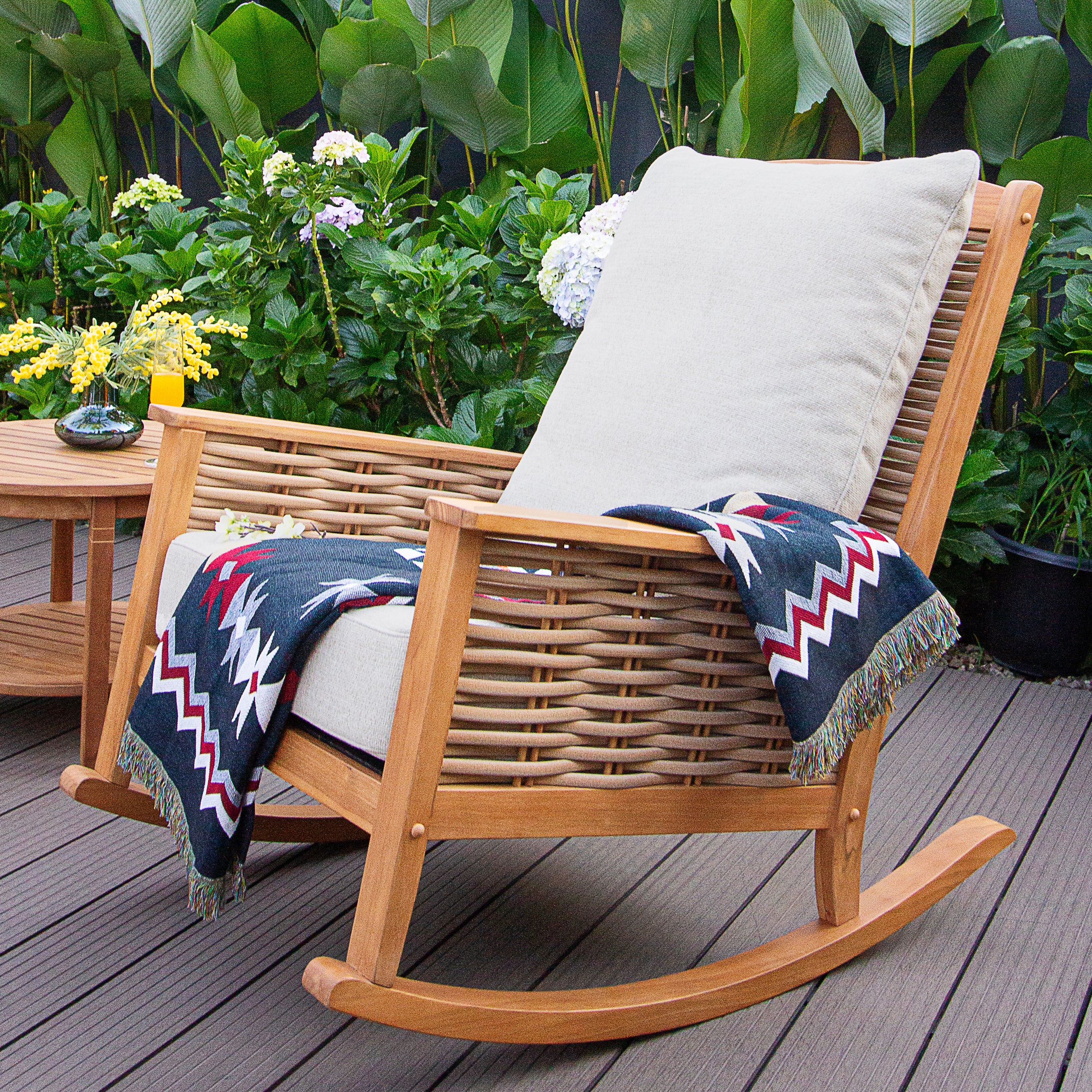 Chester Teak Wood Patio Rocking Chair with Tan Cushion - Image 6