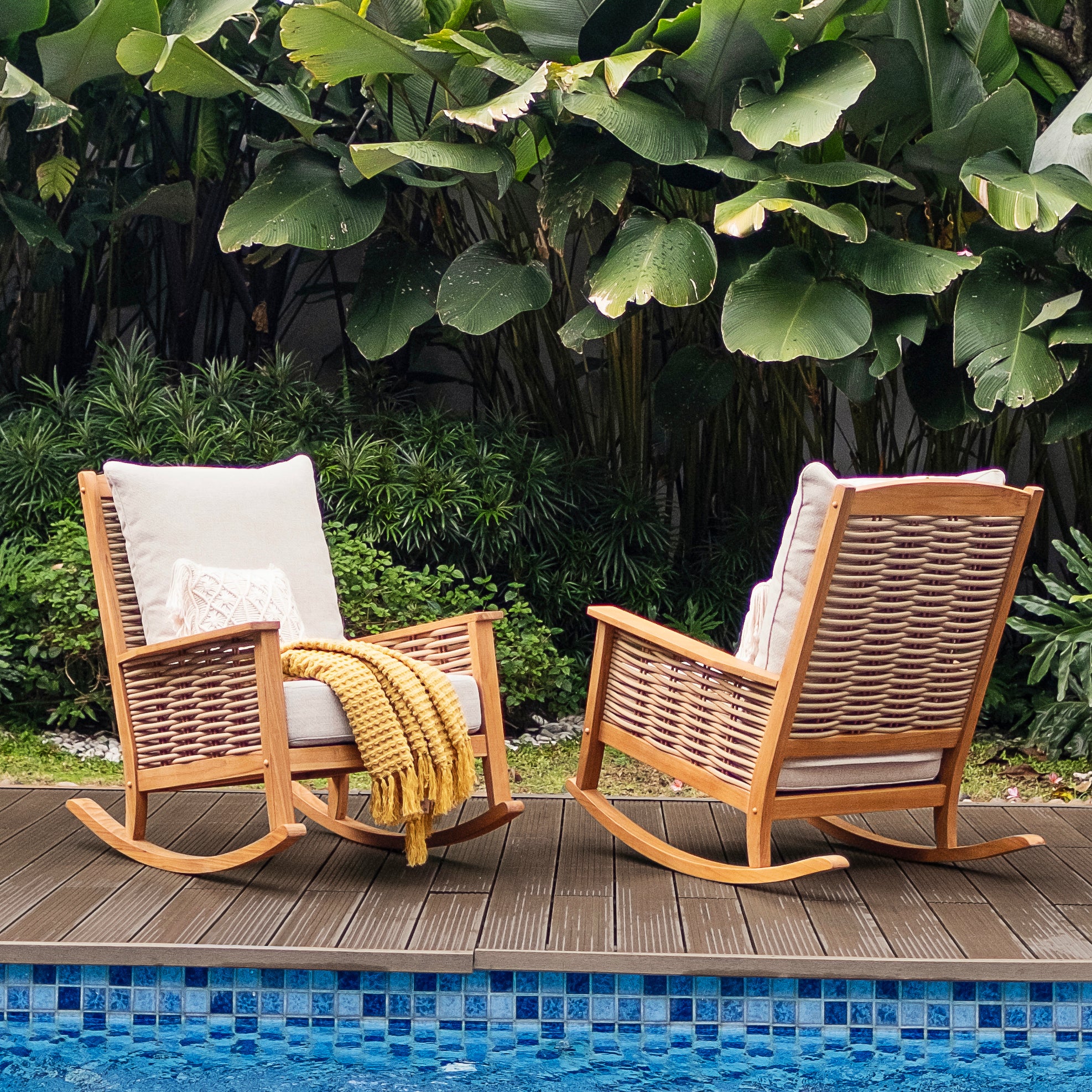 Chester Teak Wood Patio Rocking Chair with Tan Cushion - Image 8