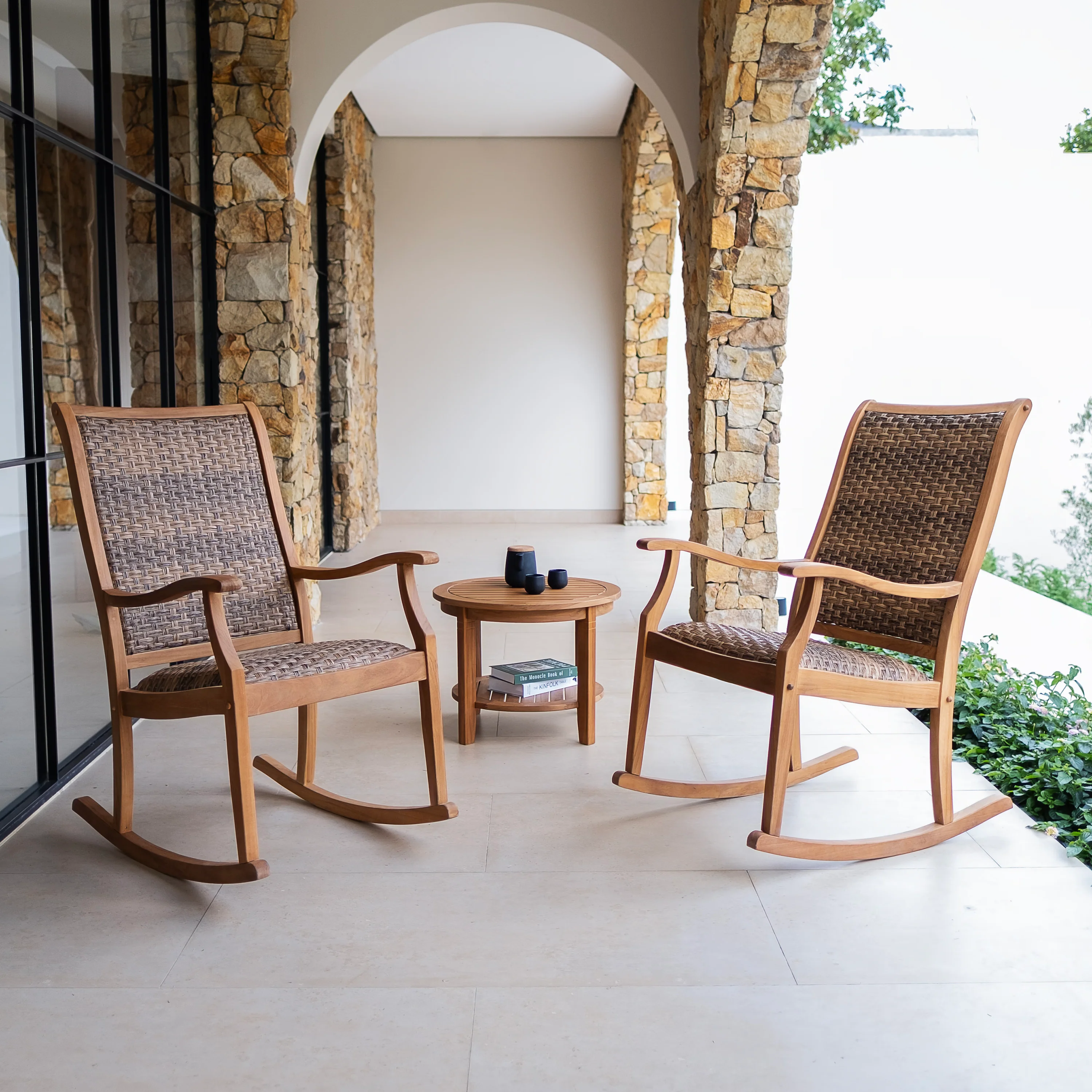 Dunham 2 Piece Teak Wood Outdoor Rocking Chair with Padded Woven Seat - Image 3