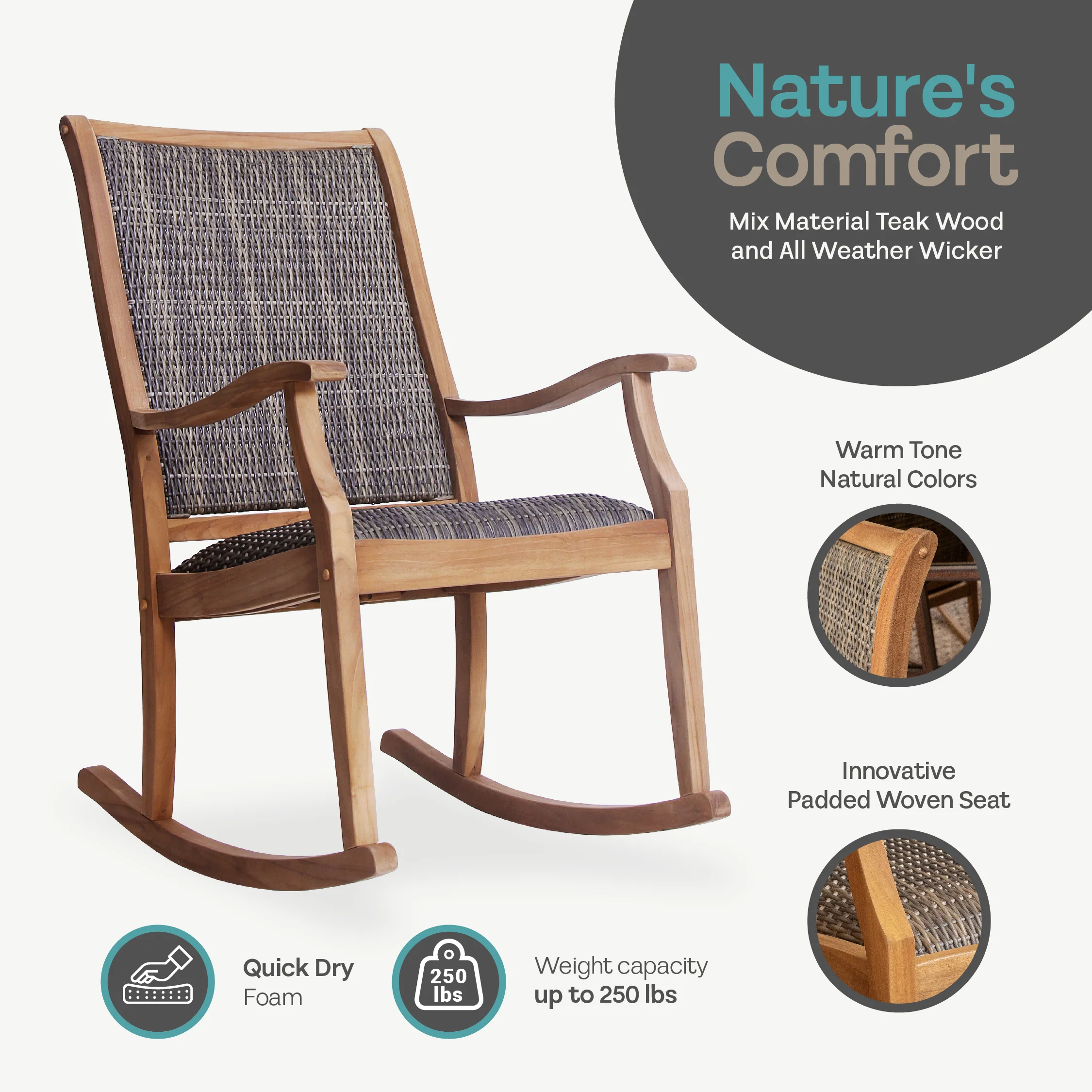 Dunham Teak Wood 3 Piece Porch Rocker Conversation Set with Padded Woven Seat - Image 5
