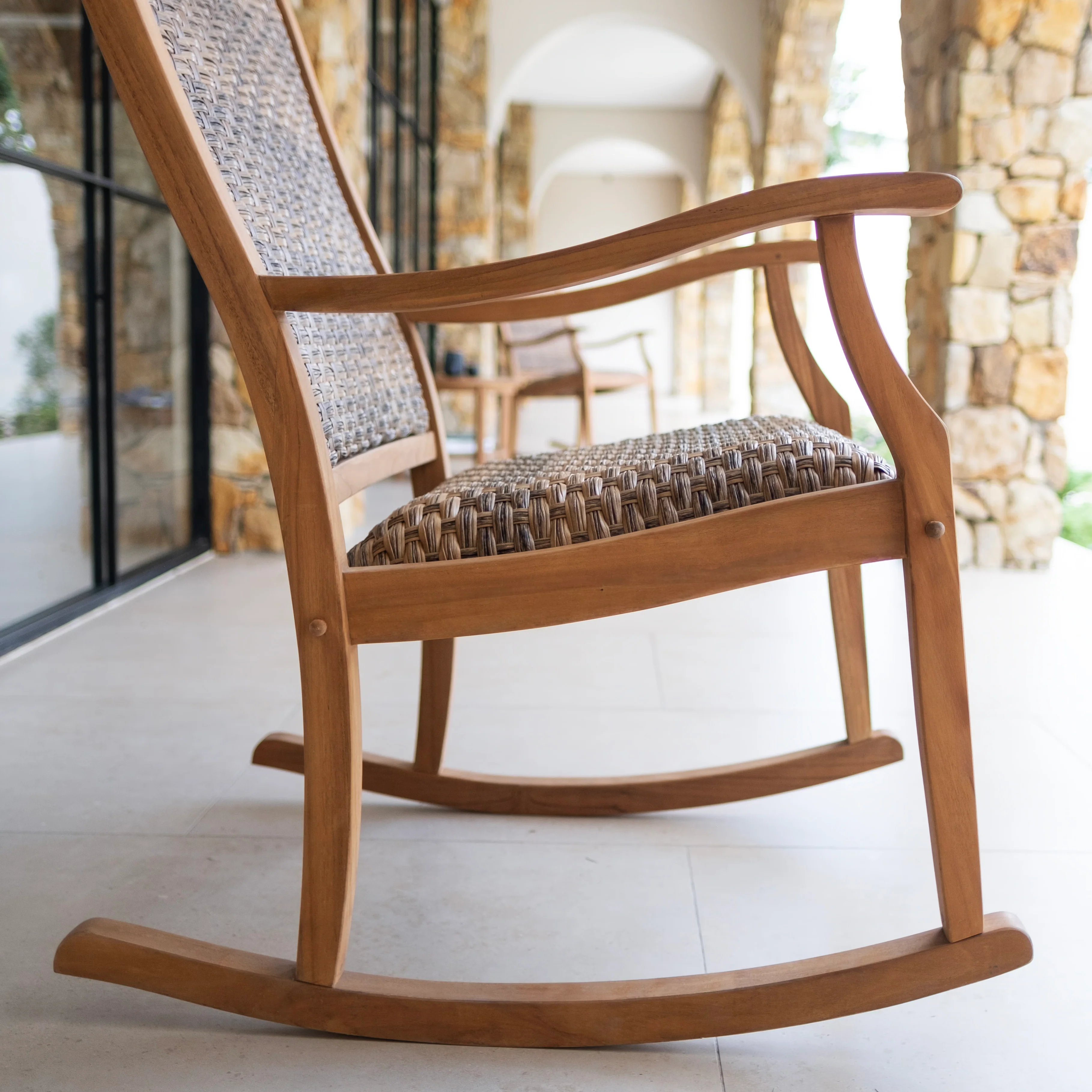 Dunham 2 Piece Teak Wood Outdoor Rocking Chair with Padded Woven Seat - Image 5