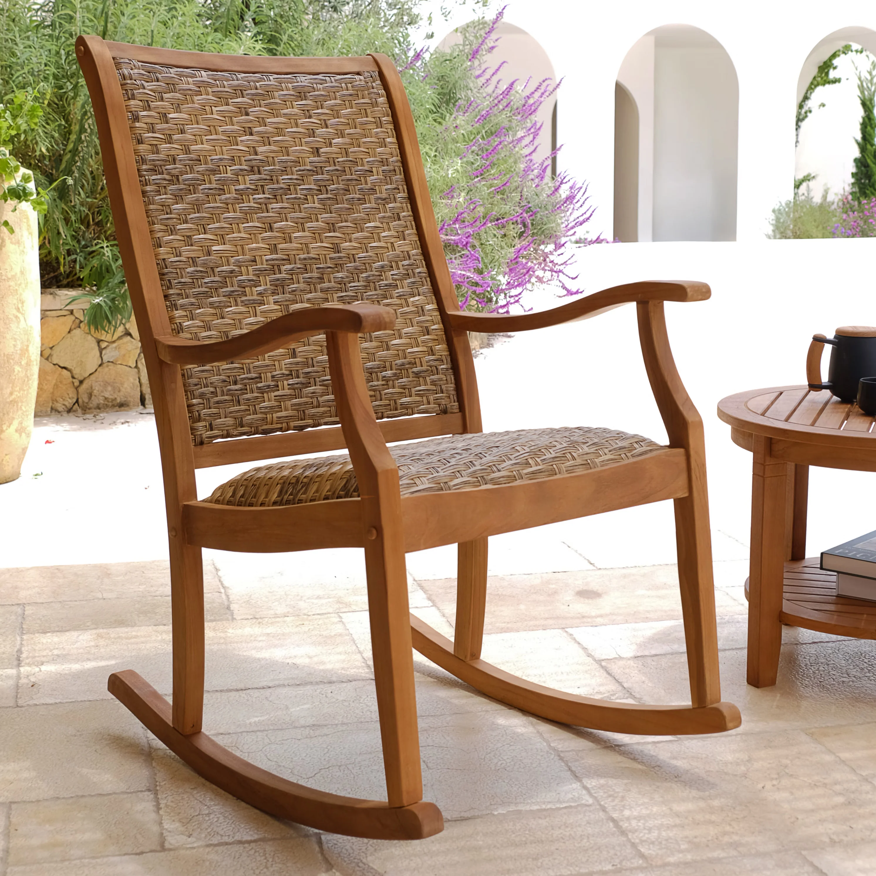 Dunham 2 Piece Teak Wood Outdoor Rocking Chair with Padded Woven Seat - Image 6