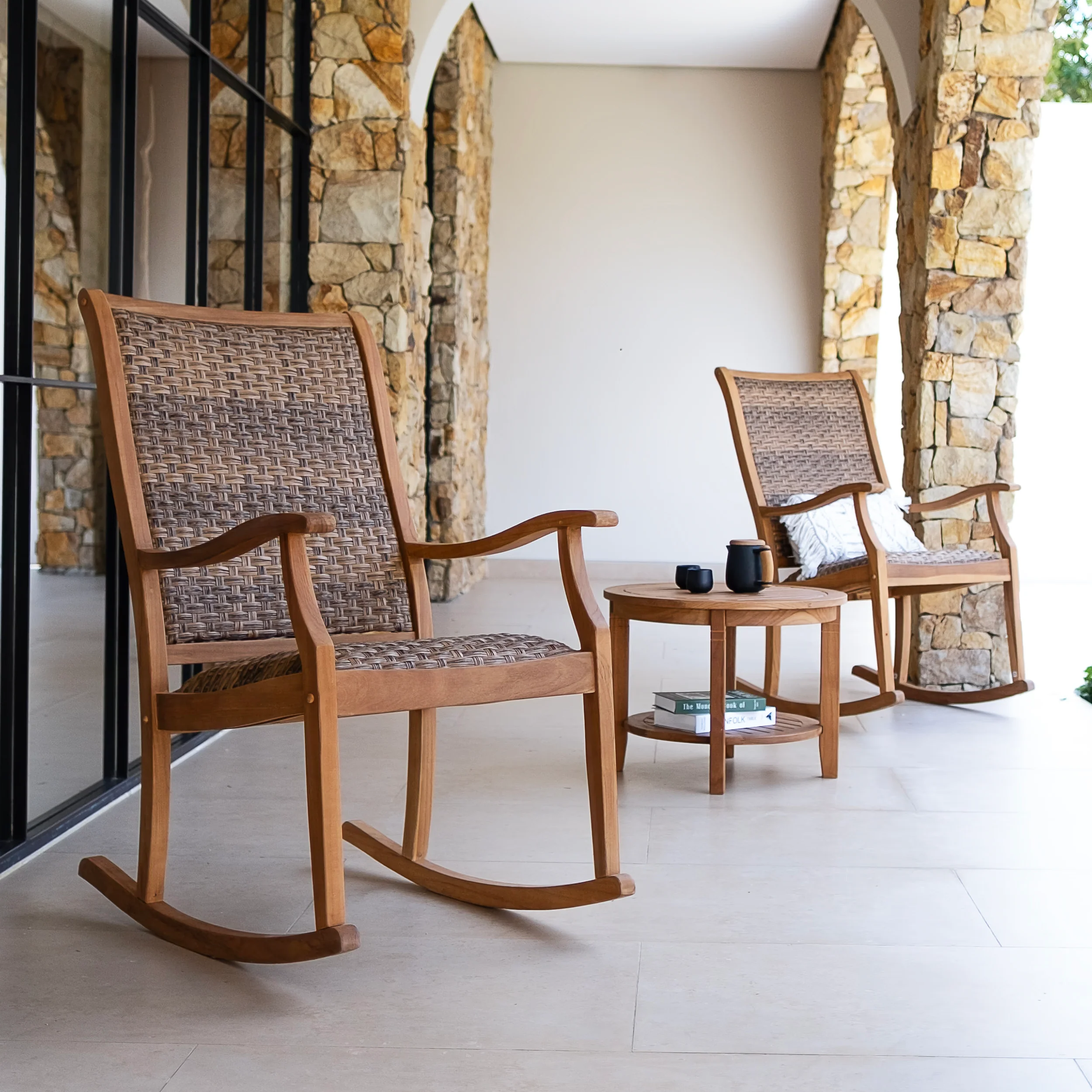 Dunham Teak Wood 3 Piece Outdoor Rocking Chair with Padded Woven Seat - Image 4