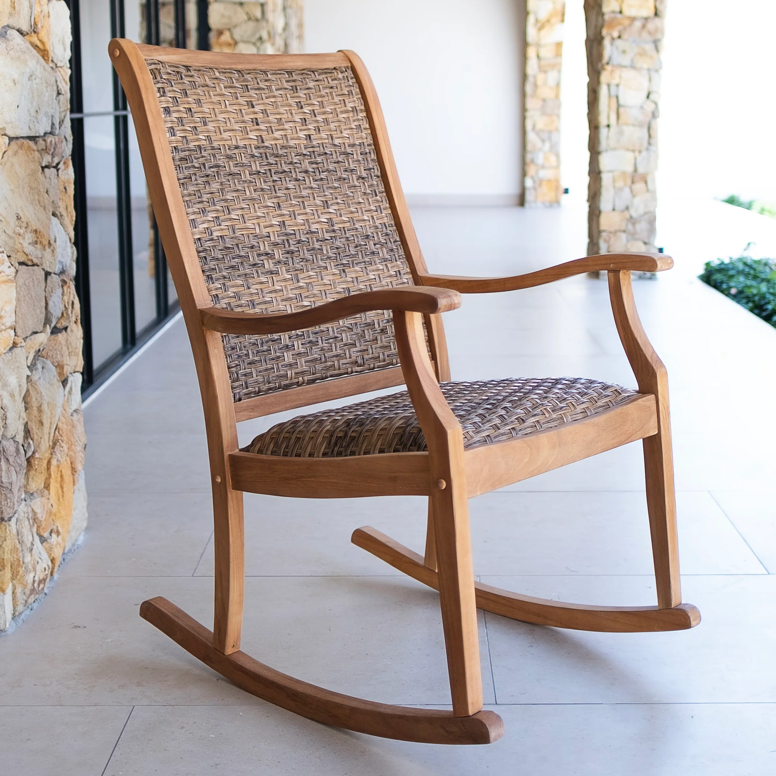 Dunham Teak Wood 3 Piece Outdoor Rocking Chair with Padded Woven Seat - Image 6