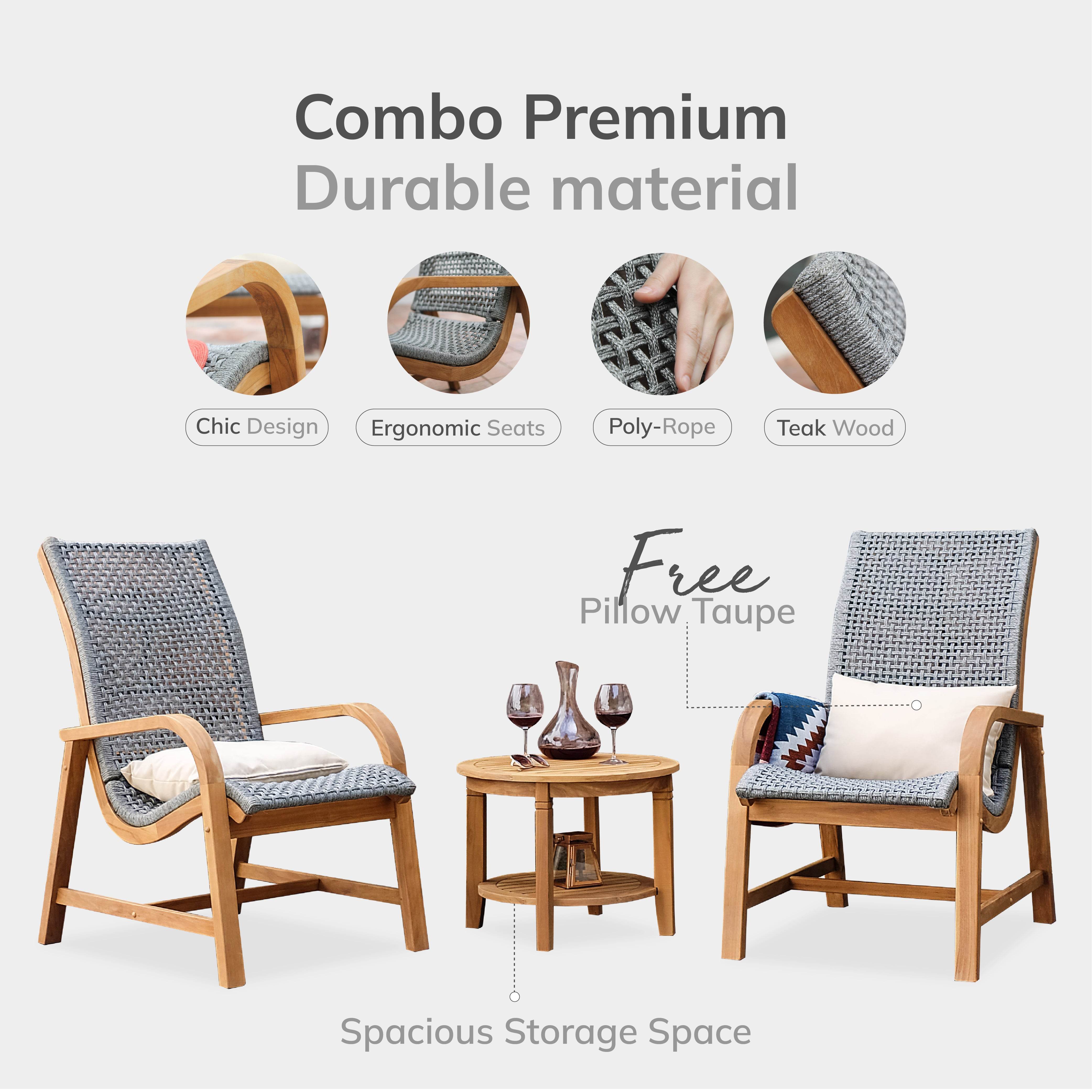 Dunham Teak Wood 3 Piece Patio Conversation Set (FREE Lumbar Pillow) - Image 4